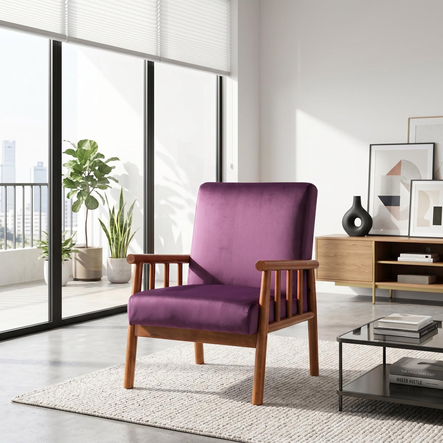 25 Wide Classic Mid-Century Modern Arm Chair, Eggplant