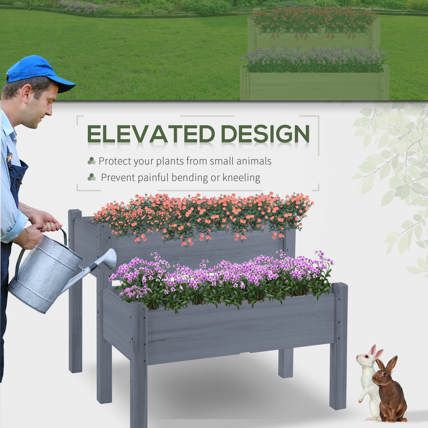 Large Wooden Raised Garden Bed 34x34x28 inch Two-Tier Planter Box for Vegetables Herbs Flowers - Gray