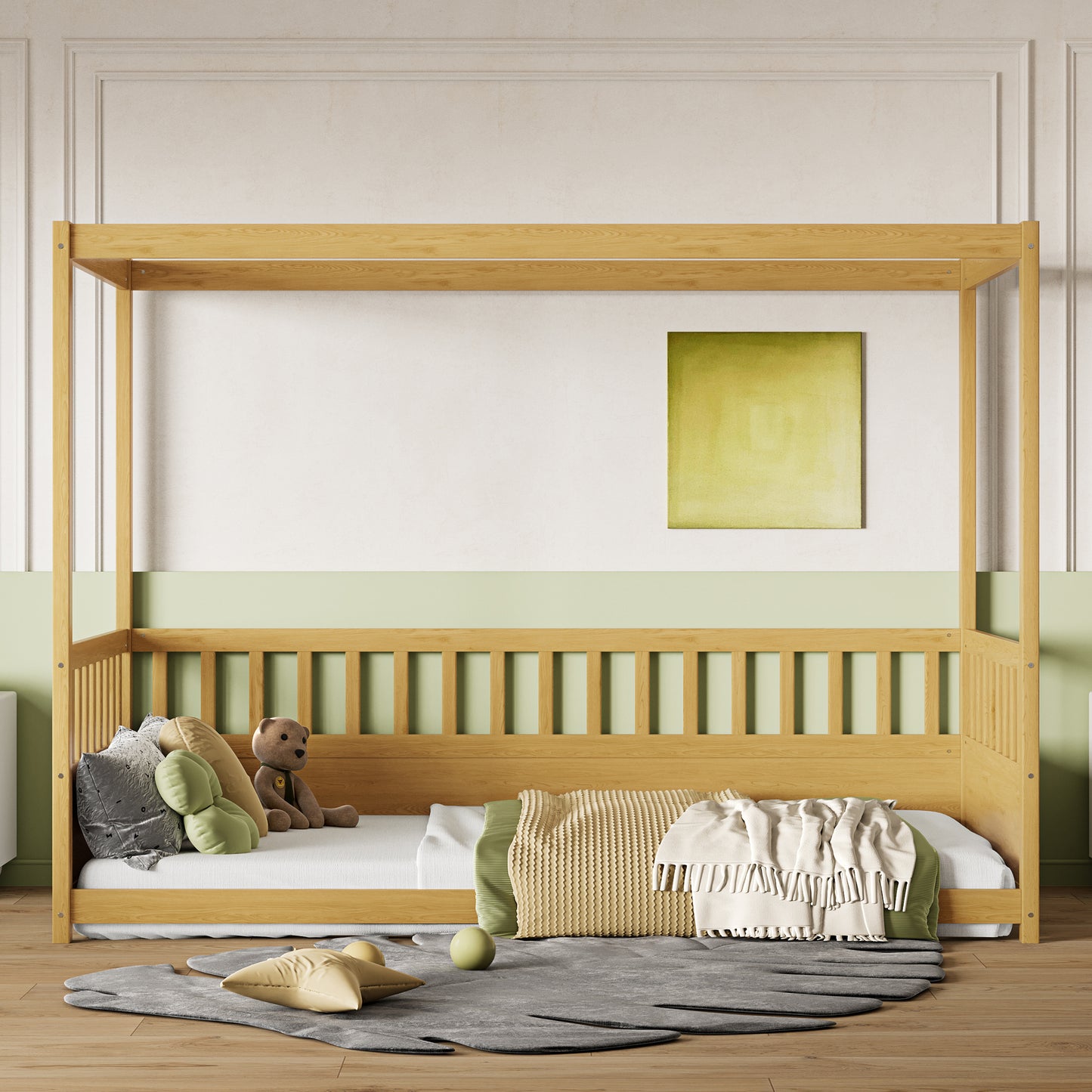 Twin Size Canopy Bed Frame with Guardrails - Natural Wood