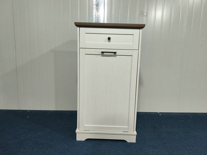 Tilt-Out Trash Cabinet - Freestanding Wood Recycling Bin with Drawer, Antique Brown & White