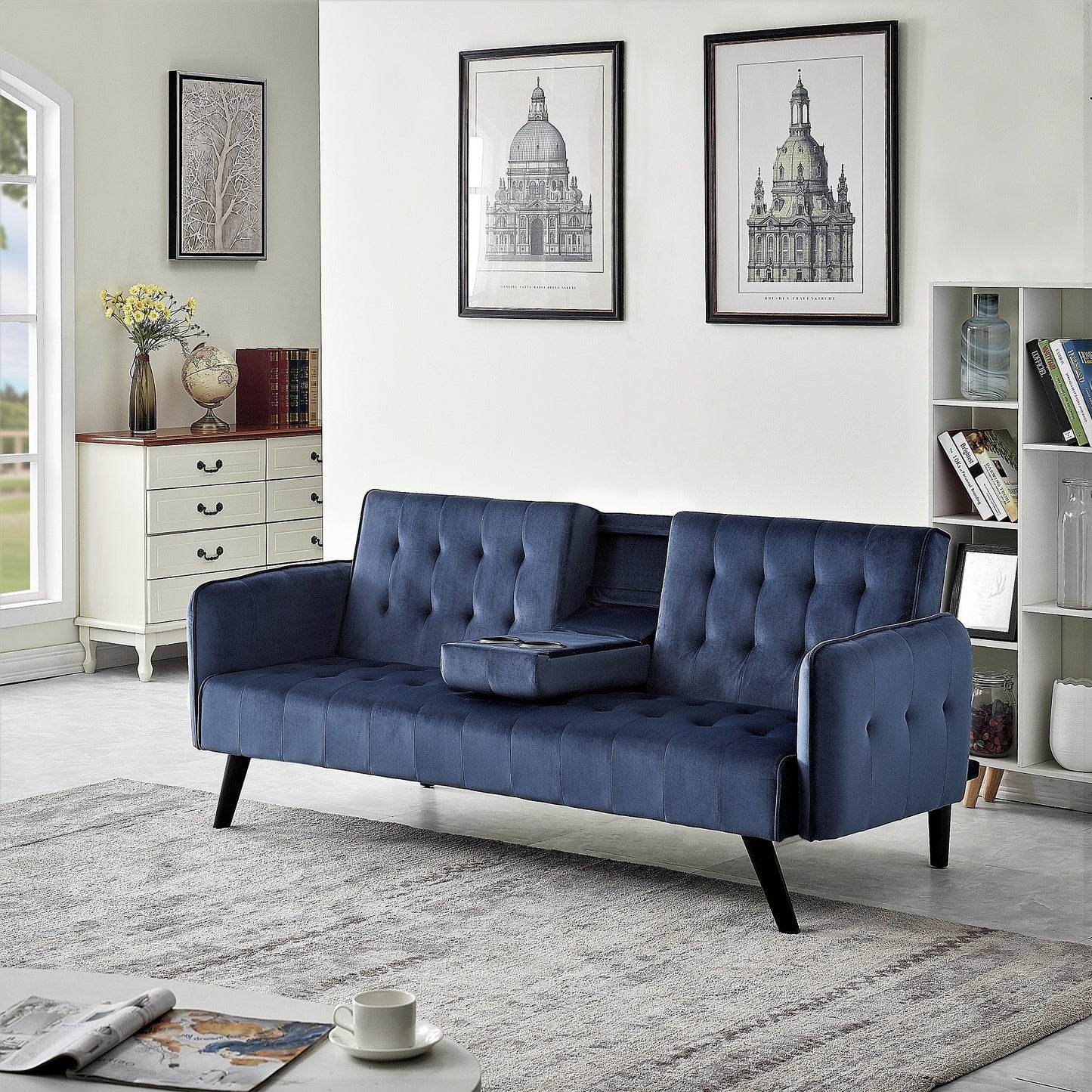 72 Velvet Convertible Sofa Bed With Cup Holders, Tufted Folding Futon