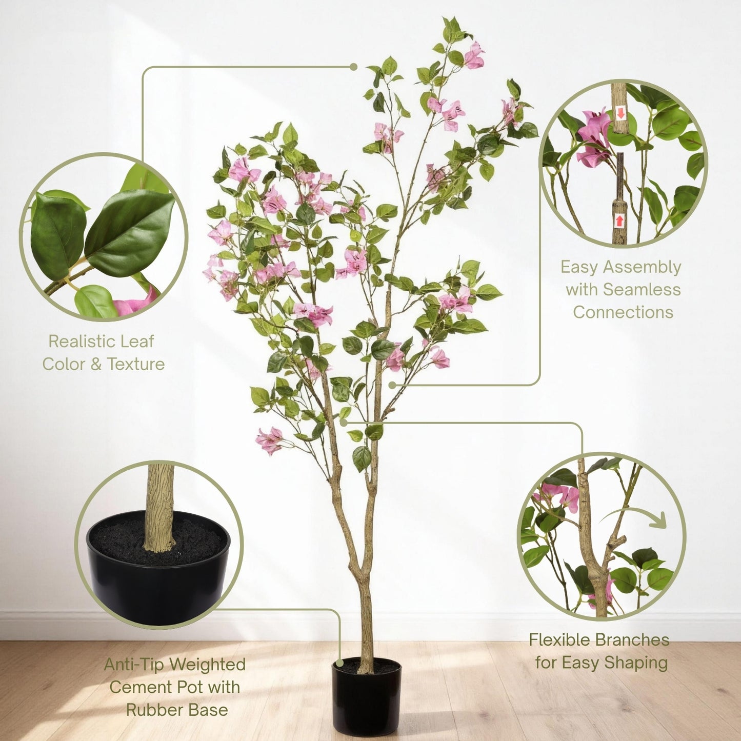 60-Inch Artificial Bougainvillea Tree - Baby Pink & Green Leaf