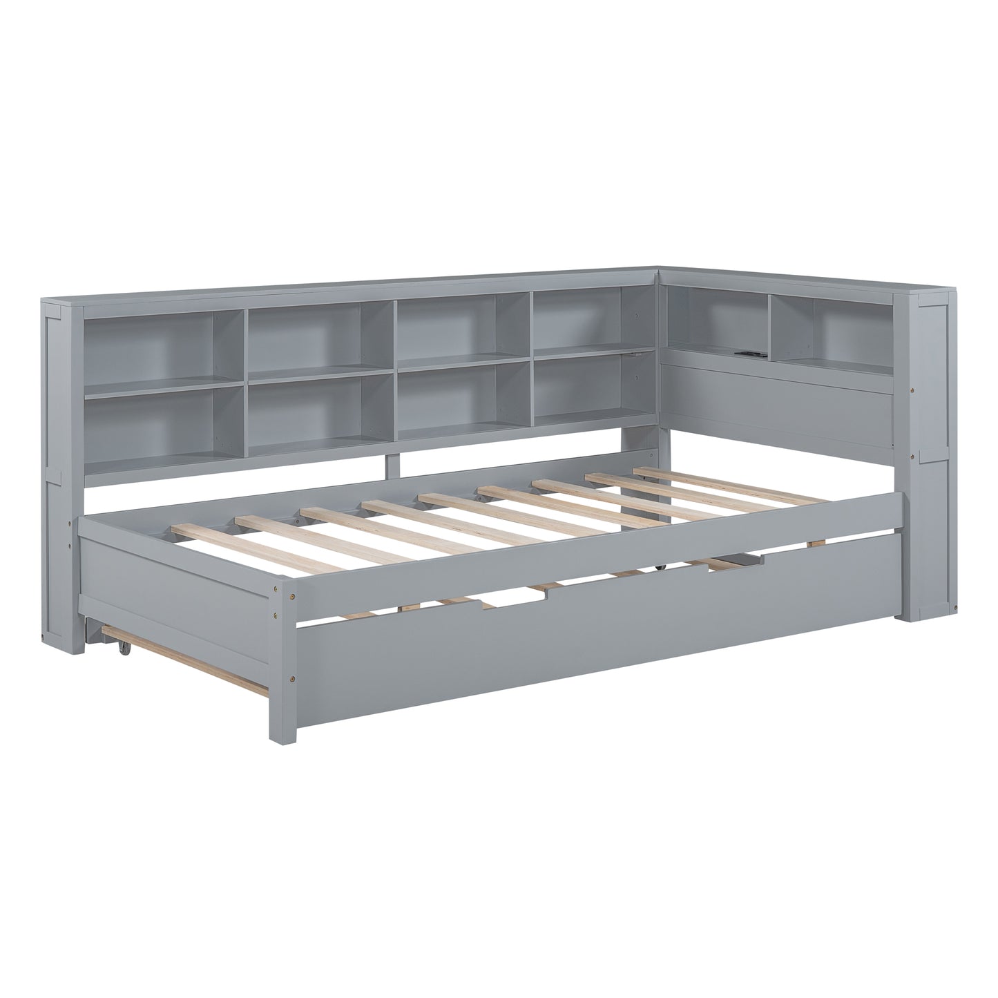 Wooden Twin Size DayBed With Trundle, Storage Shelf And USB Charging