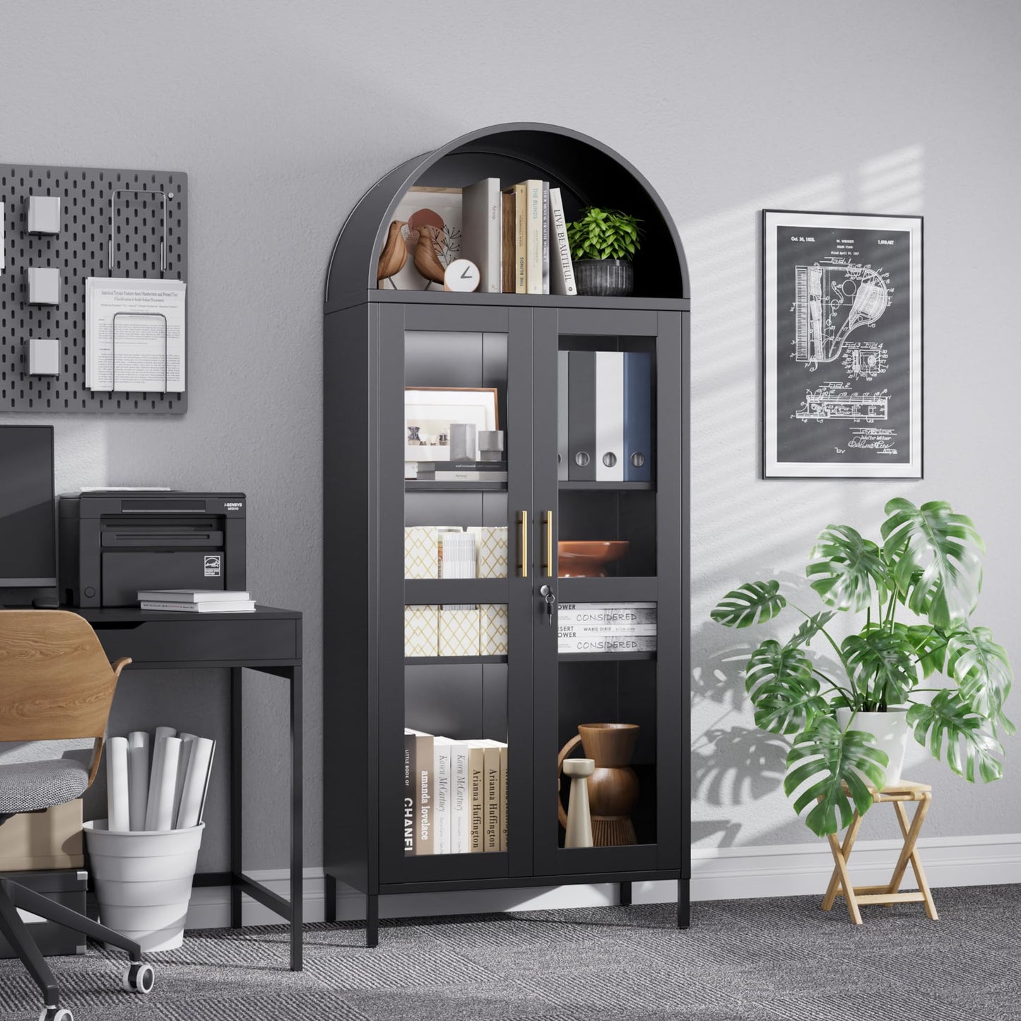 Black Metal Arched Bookcase Cabinet with LED Lights