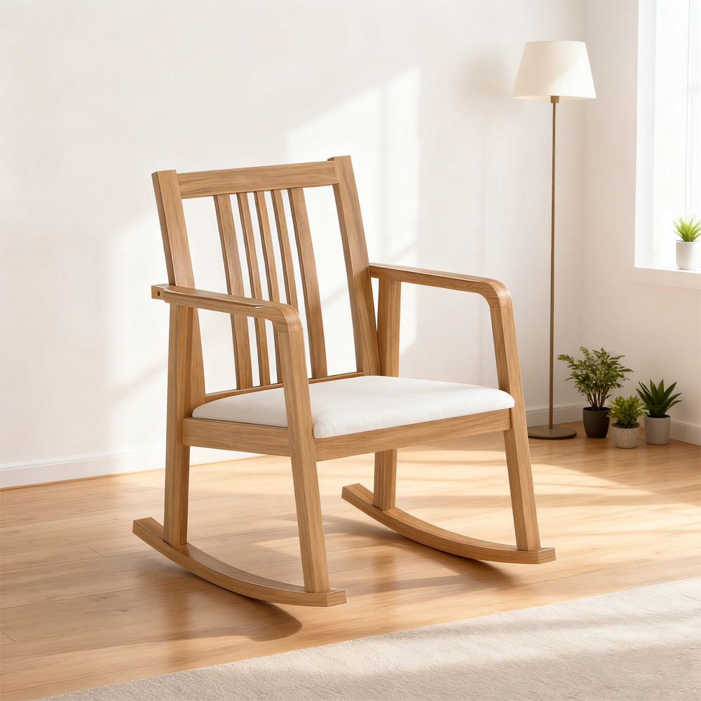 Rocking Chair With Slatted Back And Curved Armrests Rubberwood For