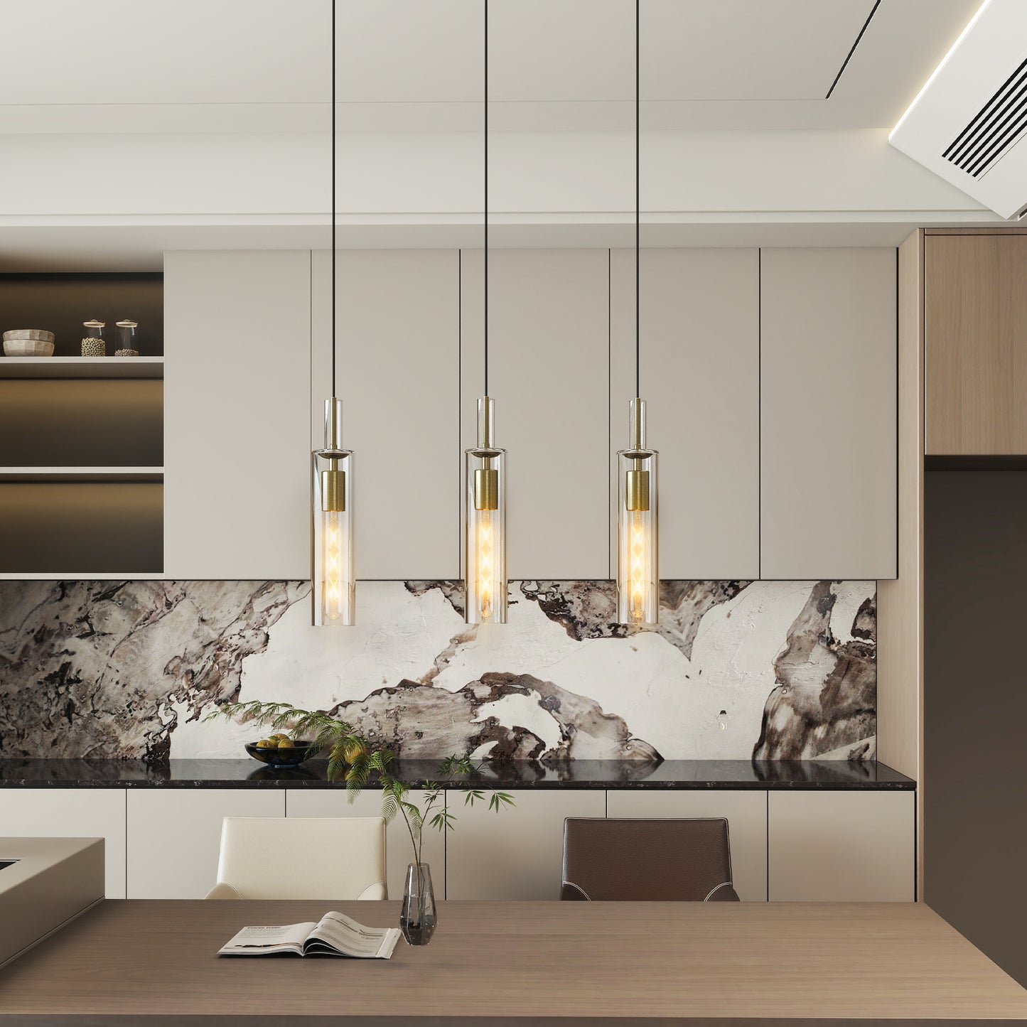Gold Pendant Light Fixture Set - 3 Pack with Clear Glass Shade