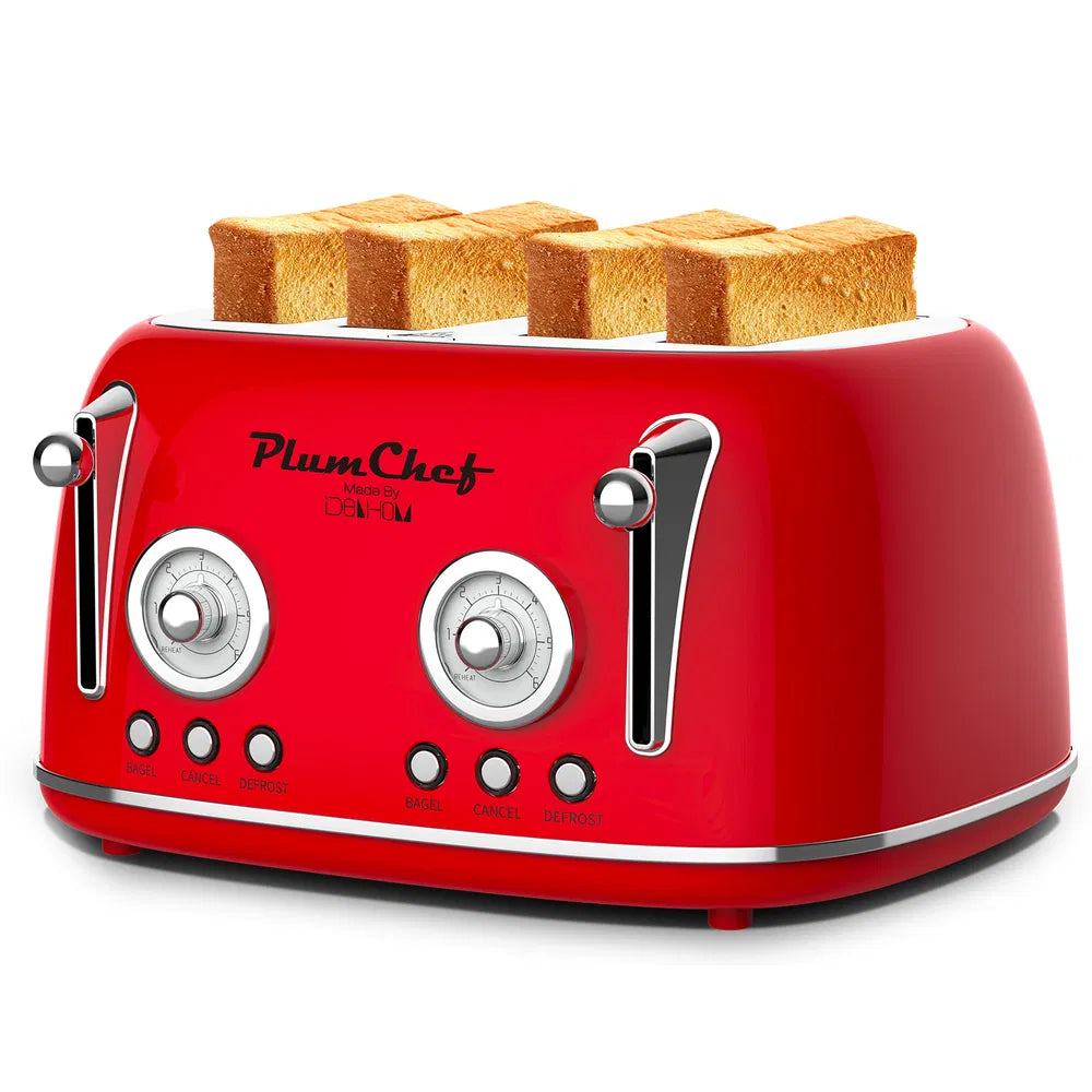 4 Slice Retro Toaster with Warming Rack - 6 Browning Settings, Red Kitchen Appliance