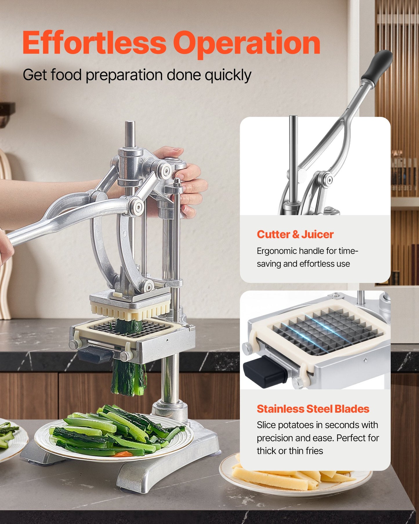 French Fry Cutter Vegetable Chopper with 3 Stainless Steel Blades - Silver