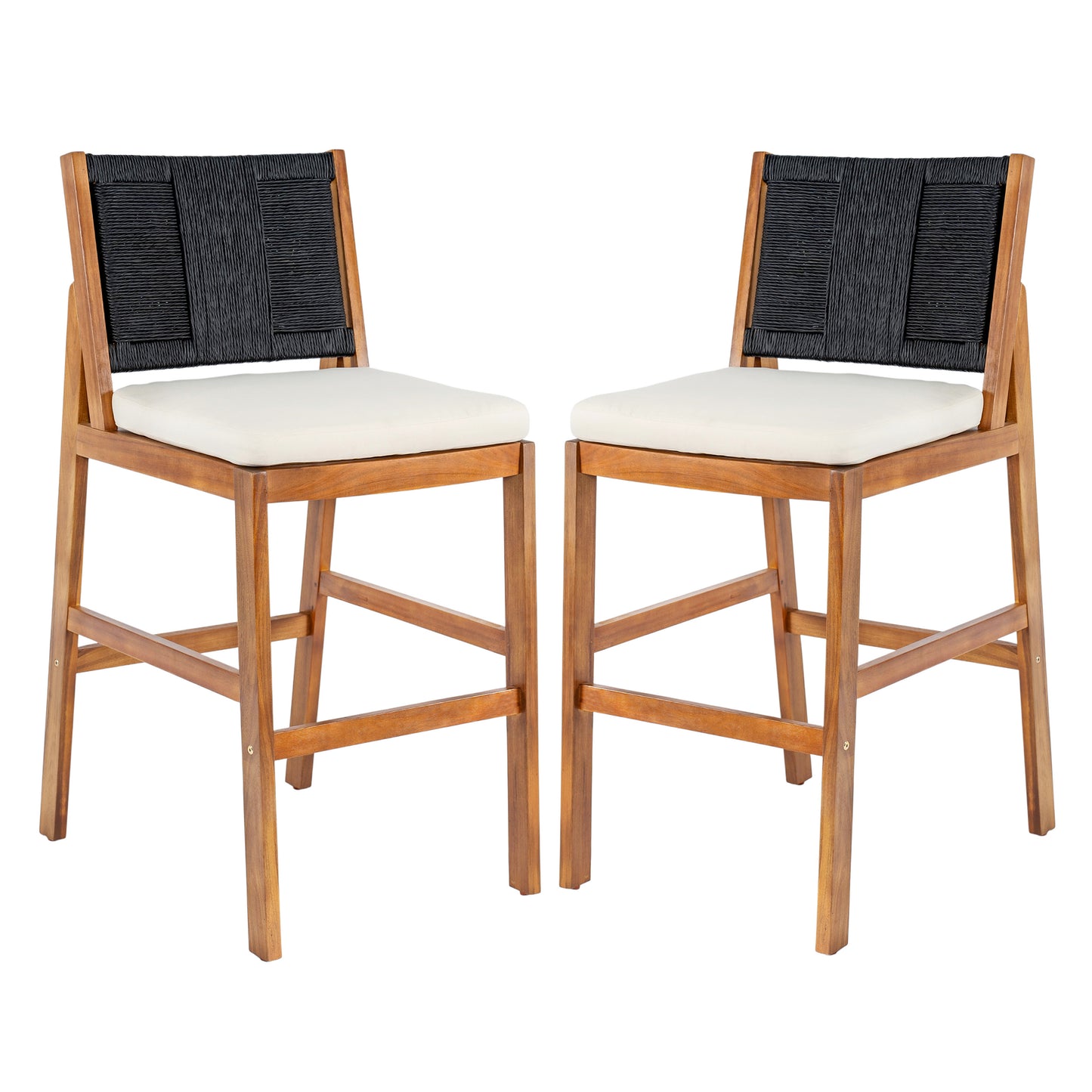 Outdoor Acacia Wood Bar Stools Set of 2 with Cream Cushion & Wicker Back