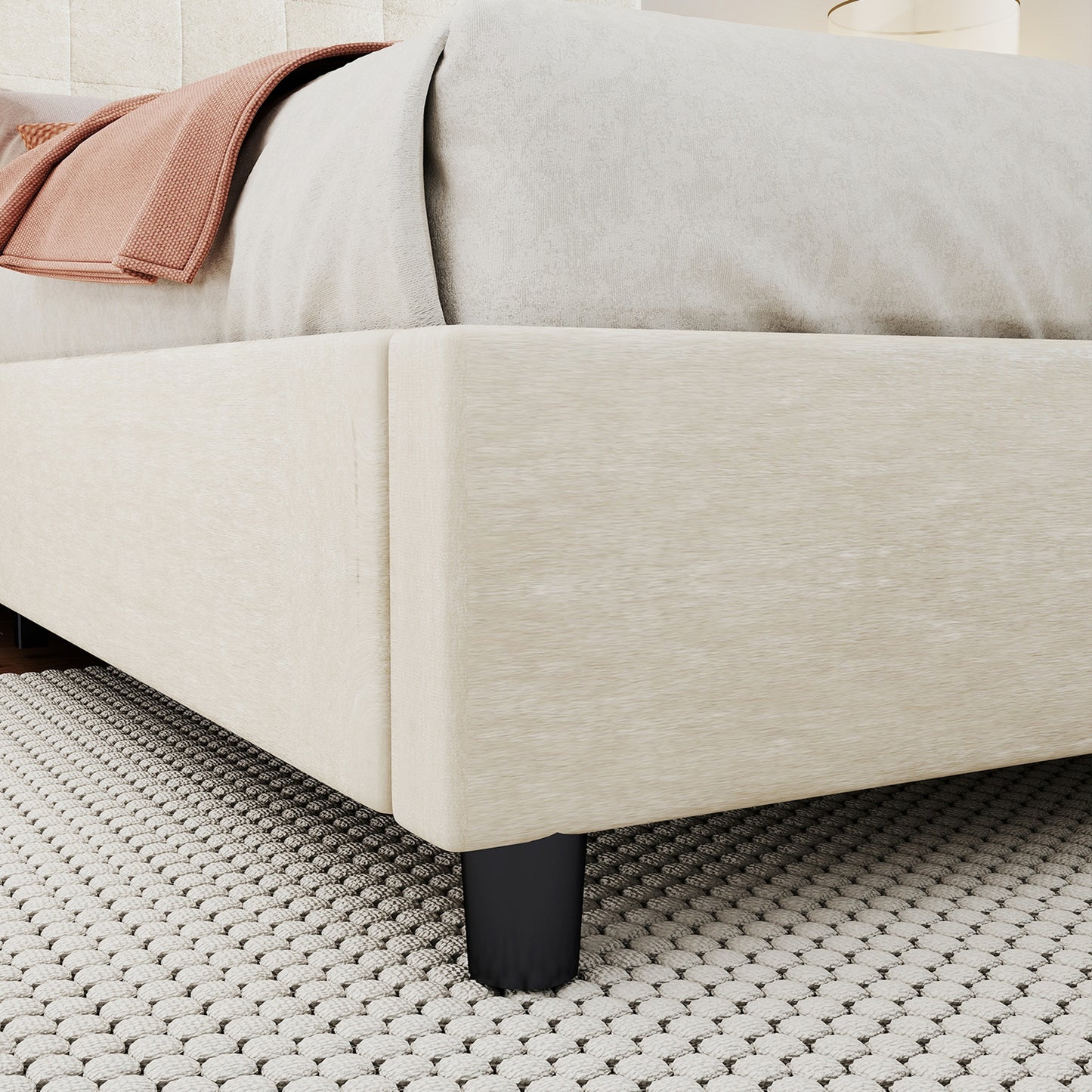 Bed Frame Upholstered Vertical Channel Headboard With 4 Storage