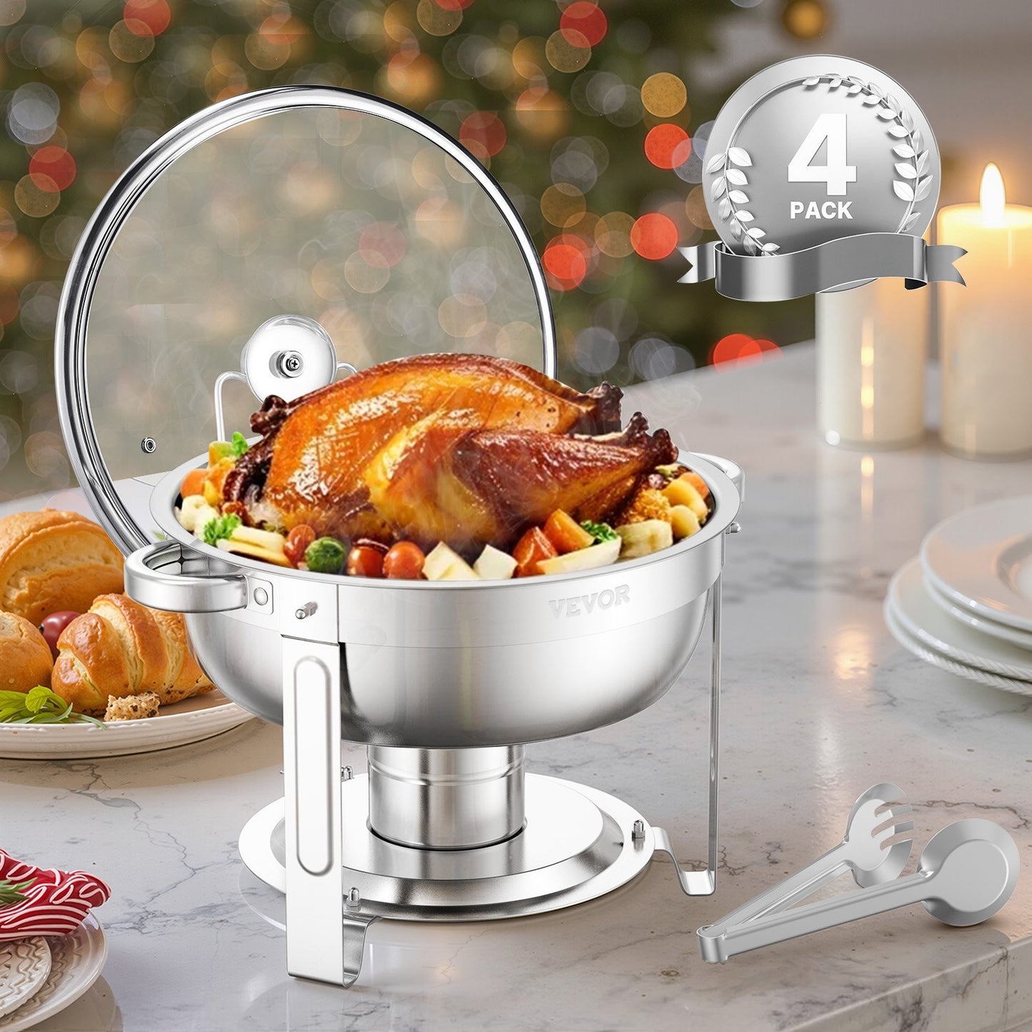 5 Qt Round Chafing Dish Buffet Set - 4 Pack Stainless Steel