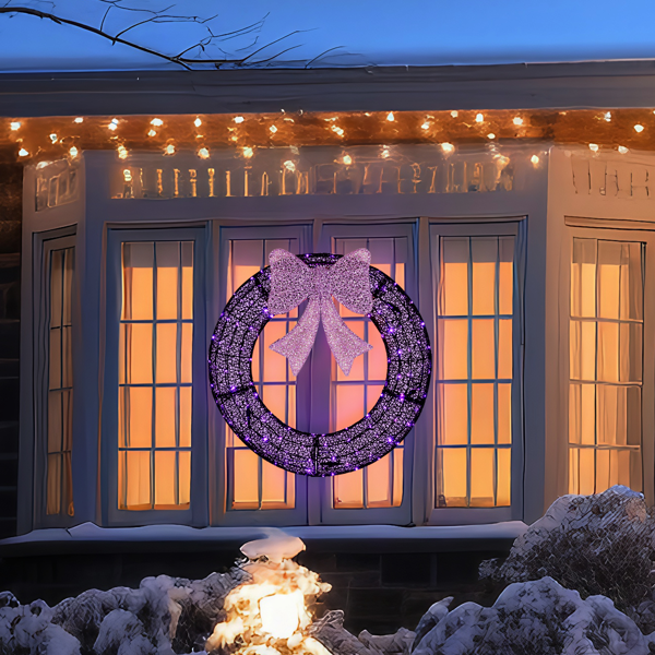 36-Inch Pre-Lit Christmas Wreath with Remote Control LED Lights - Purple Bow