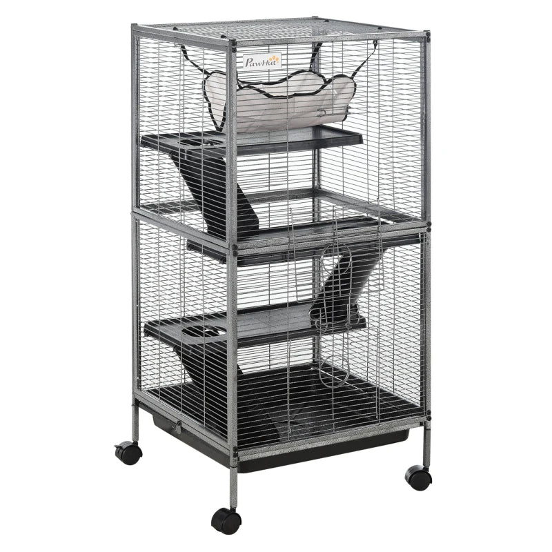 Small Animal Cage with Wheels, Multi-Tier Ferret and Chinchilla Habitat - Gray