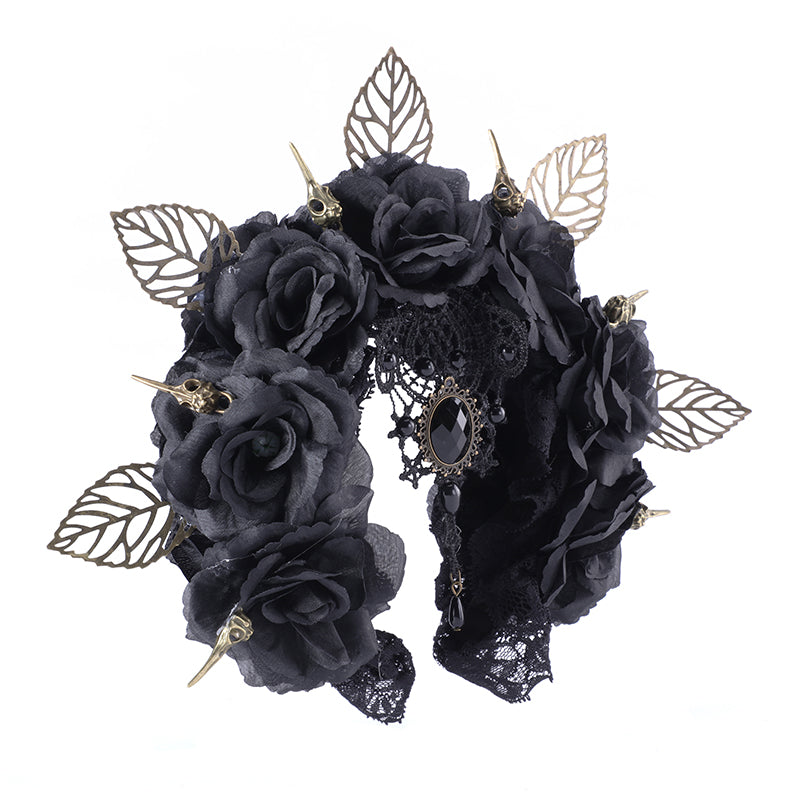 Dark Bird Bone Hair Hoop Crown - Retro Halloween Rose Design