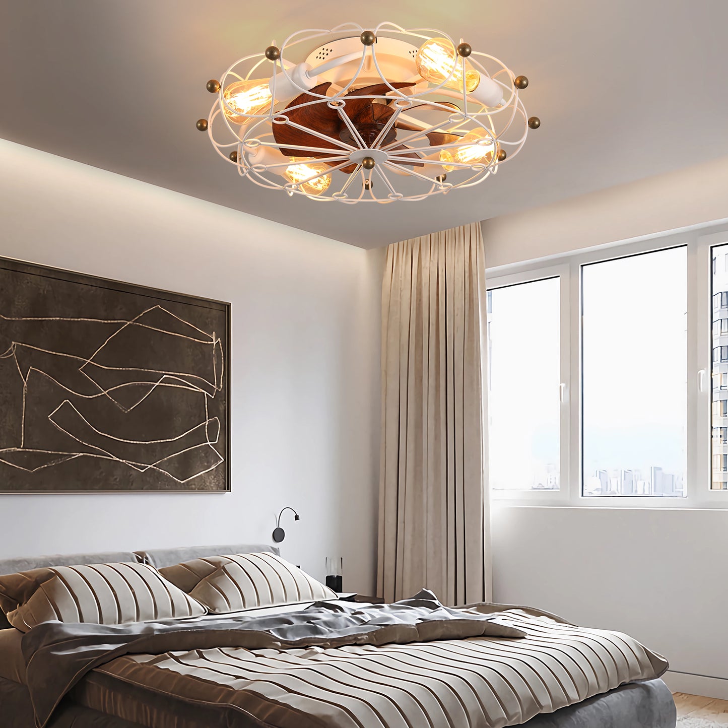 Modern Caged Ceiling Fan with Lights and Remote Control