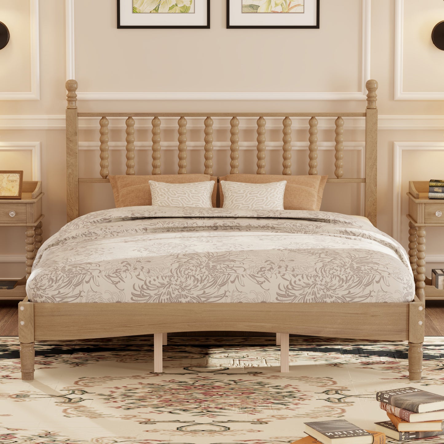 Queen Size Wood Platform Bed With Gourd Shaped Headboard,Retro Style