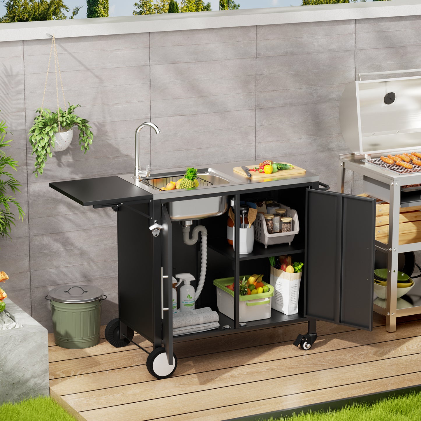 Outdoor Grill Table with Sink and Storage Cart - Metal Worktable for Garden & Backyard