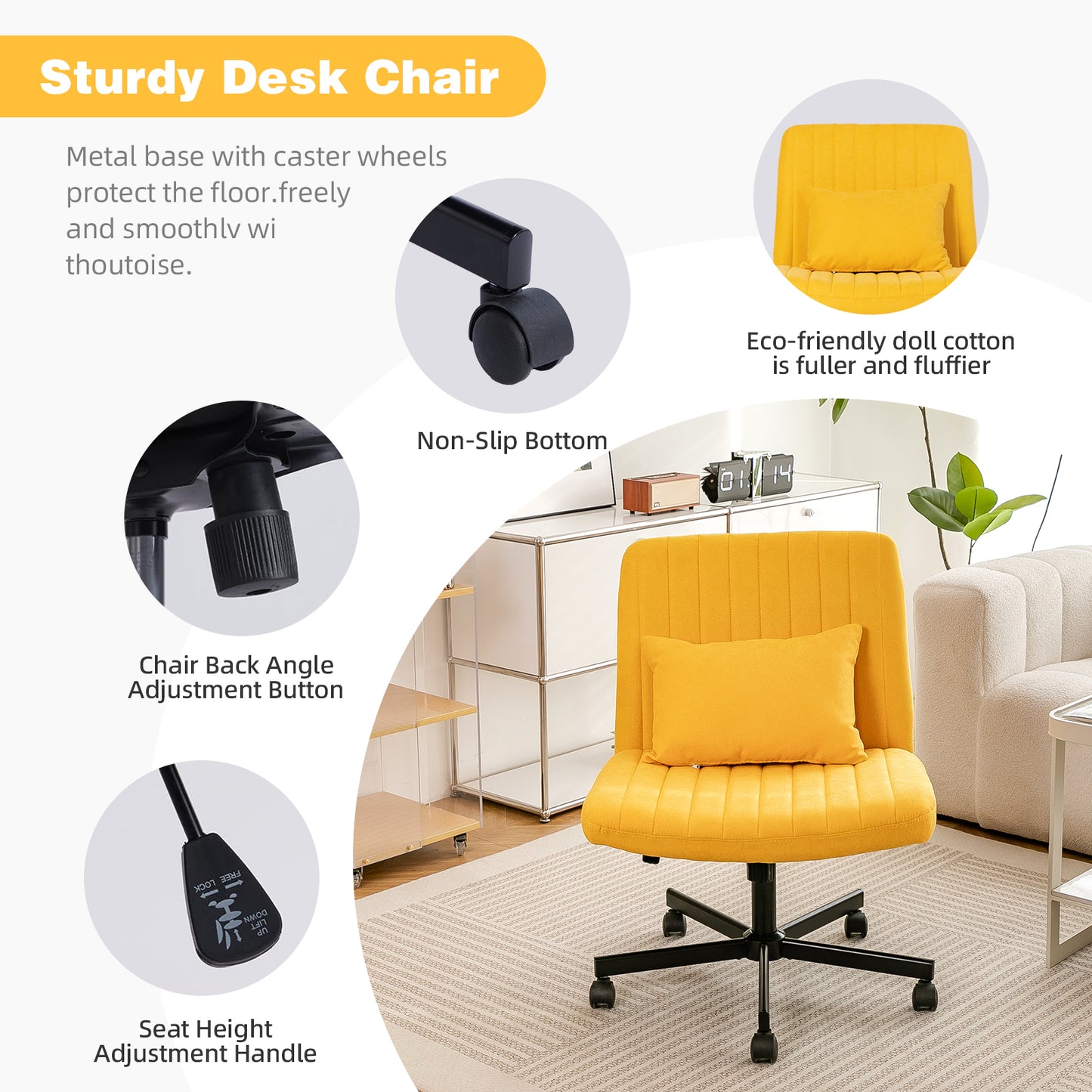 Yellow Linen Criss Cross Office Chair with Wheels - Ergonomic Design