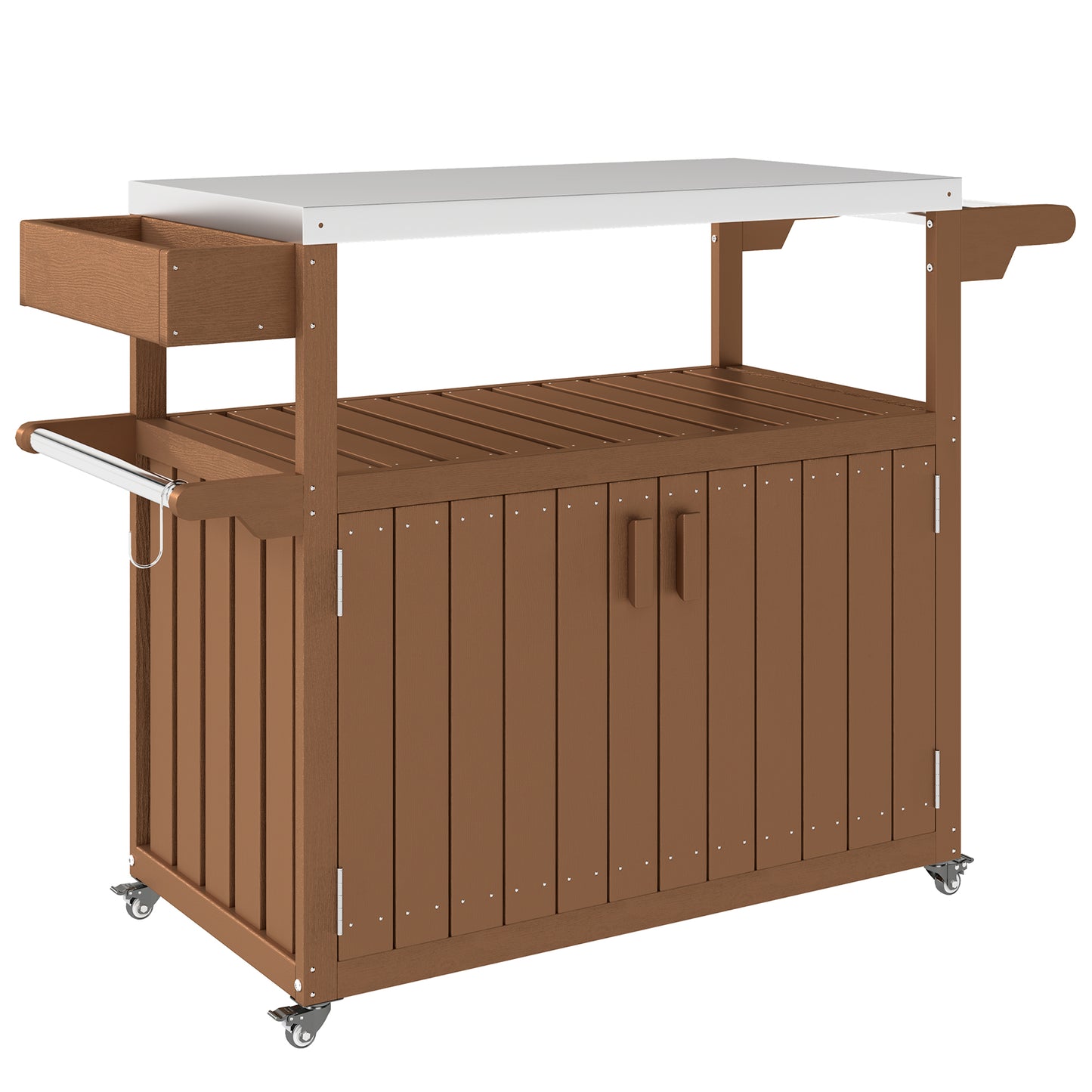Outdoor Bar Cart with Stainless Steel Top & Storage - Brown