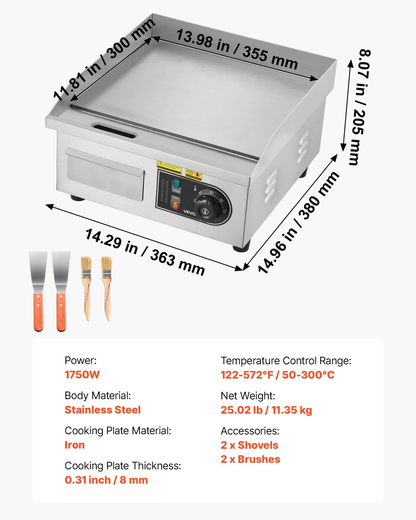 Electric Griddle 13.98x11.81 Inch 1750W Flat Top Grill with Spatulas & Brushes