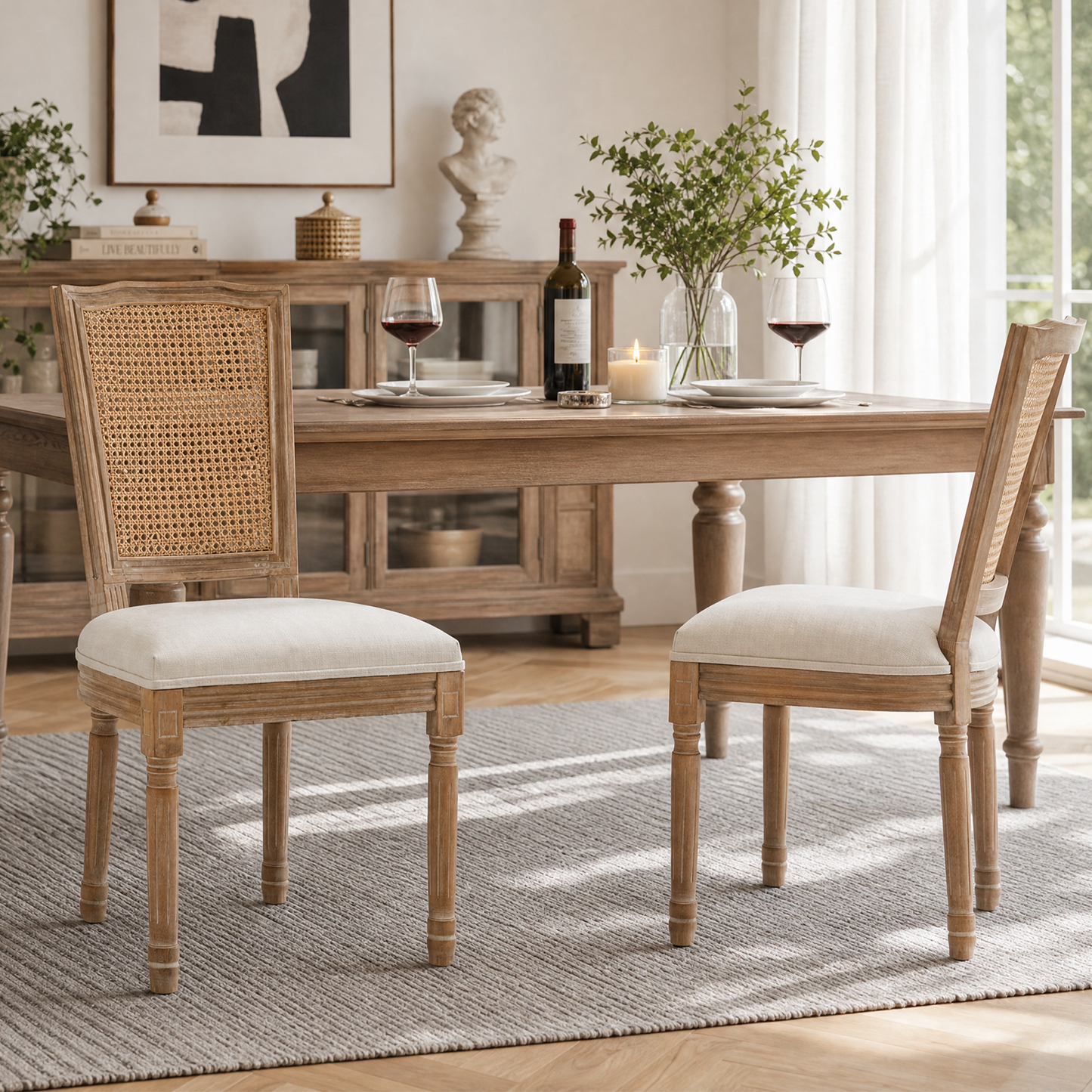 Farmhouse Dining Chairs Set of 2 - Solid Wood, Beige Linen Seat