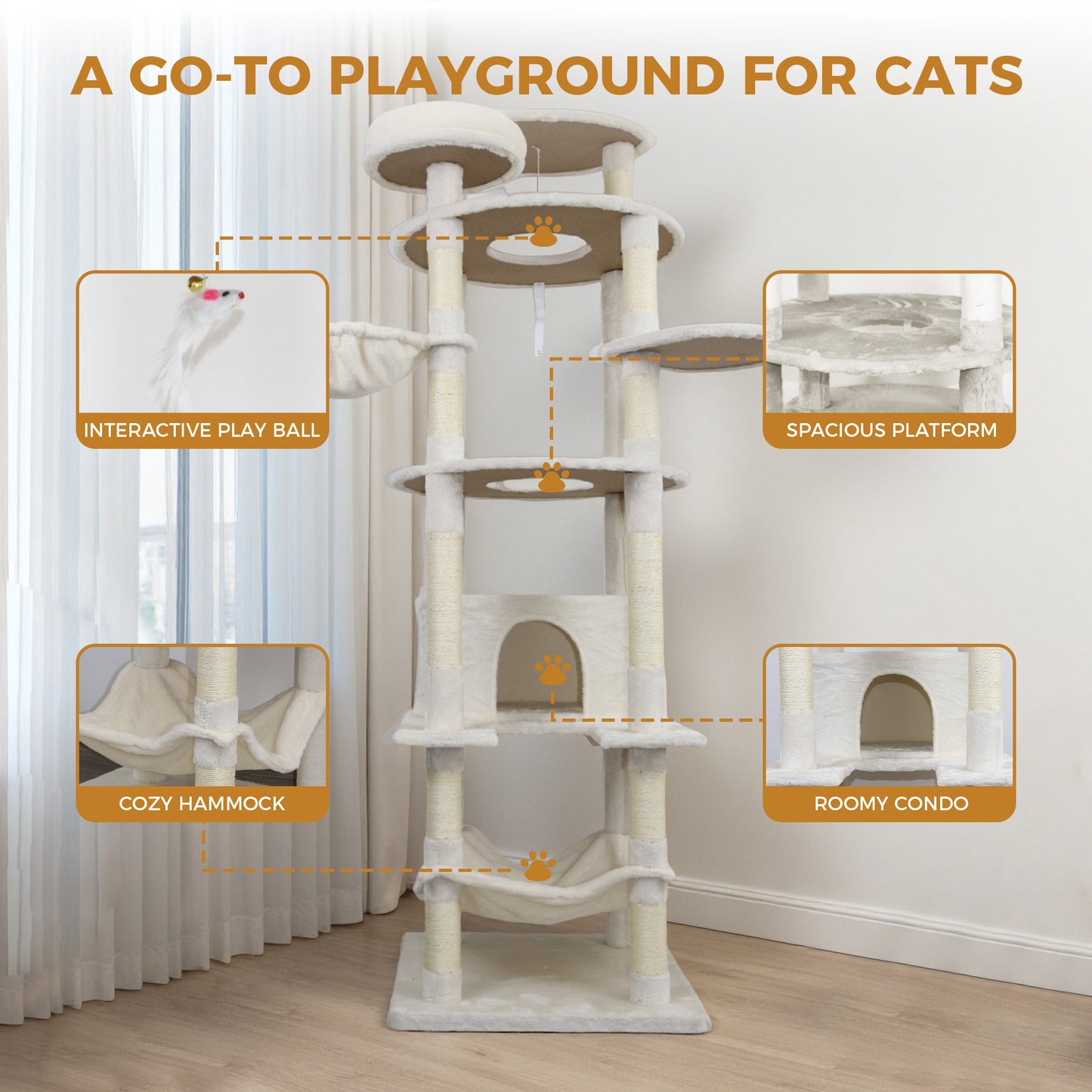78-Inch Beige Cat Tree Tower with Large Condo, Sisal Scratching Post & Perches