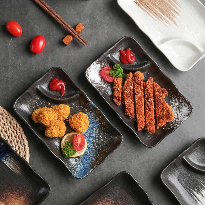 Separated Ceramic Dinner Plate with Compartments - Rectangular Kitchen Tableware