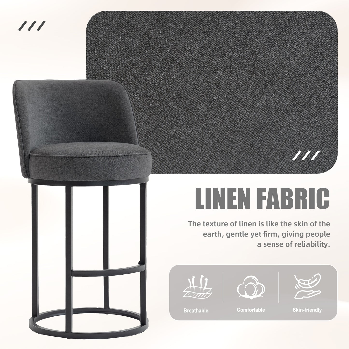 Modern Barrel Counter Stools Set of 2 - Gray Linen Upholstered