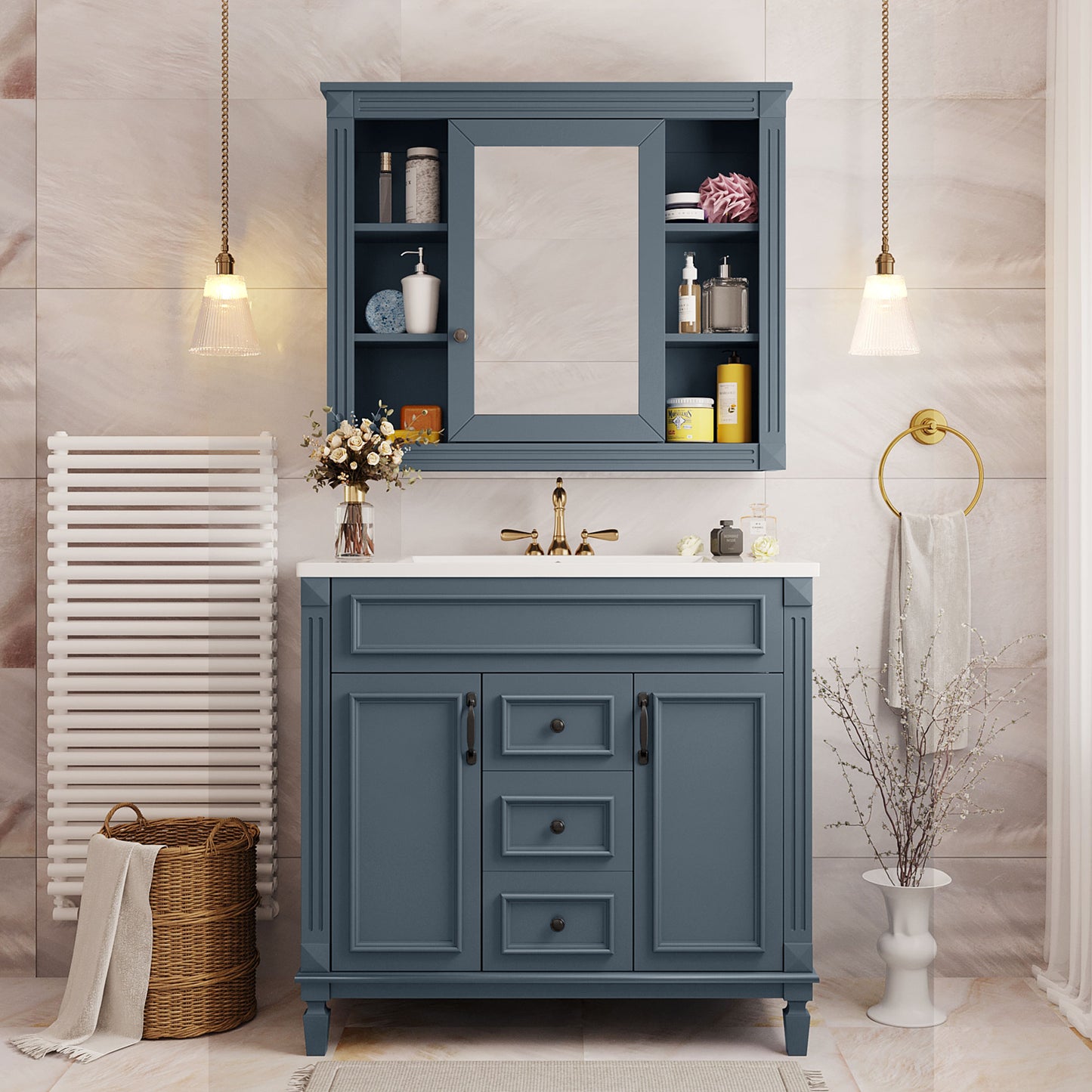 36'' Modern Bathroom Vanity with Blue Sink & Mirror Cabinet