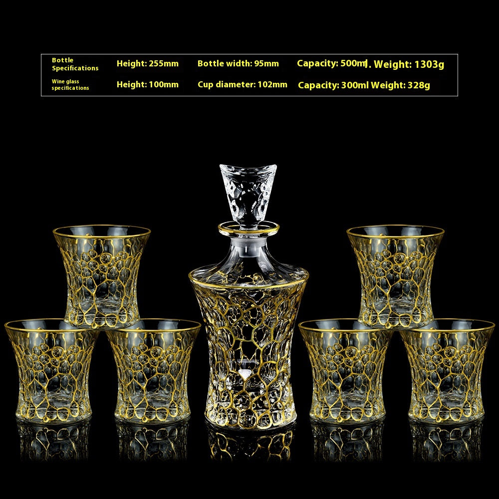 Crystal Glass Whiskey and Wine Set - Creative Gold Finish, 7-Piece Home Barware