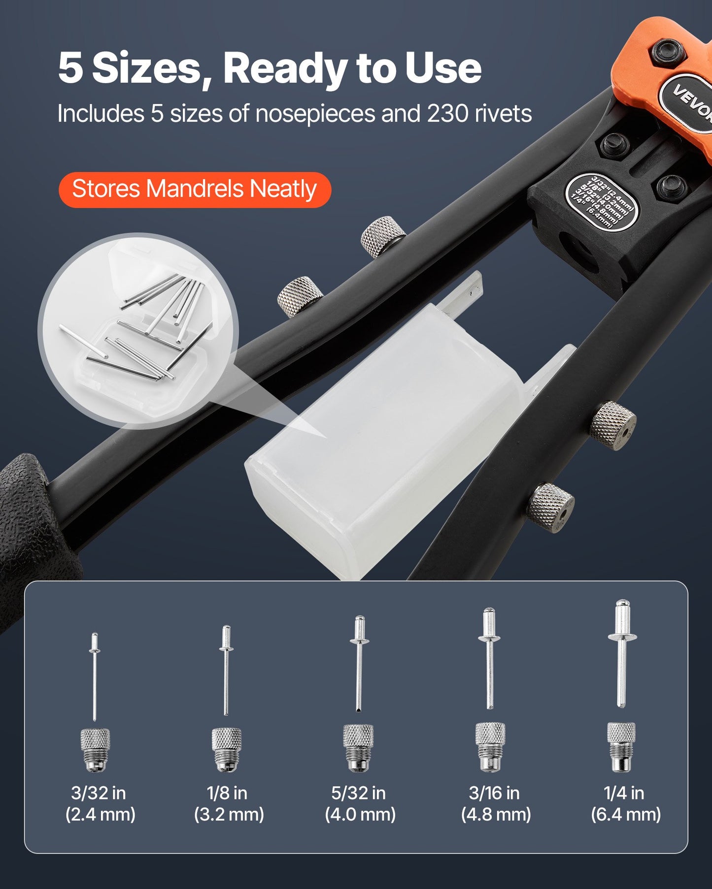 Manual Rivet Gun Kit with 230 Blind Rivets, Interchangeable Nosepieces & Carrying Case