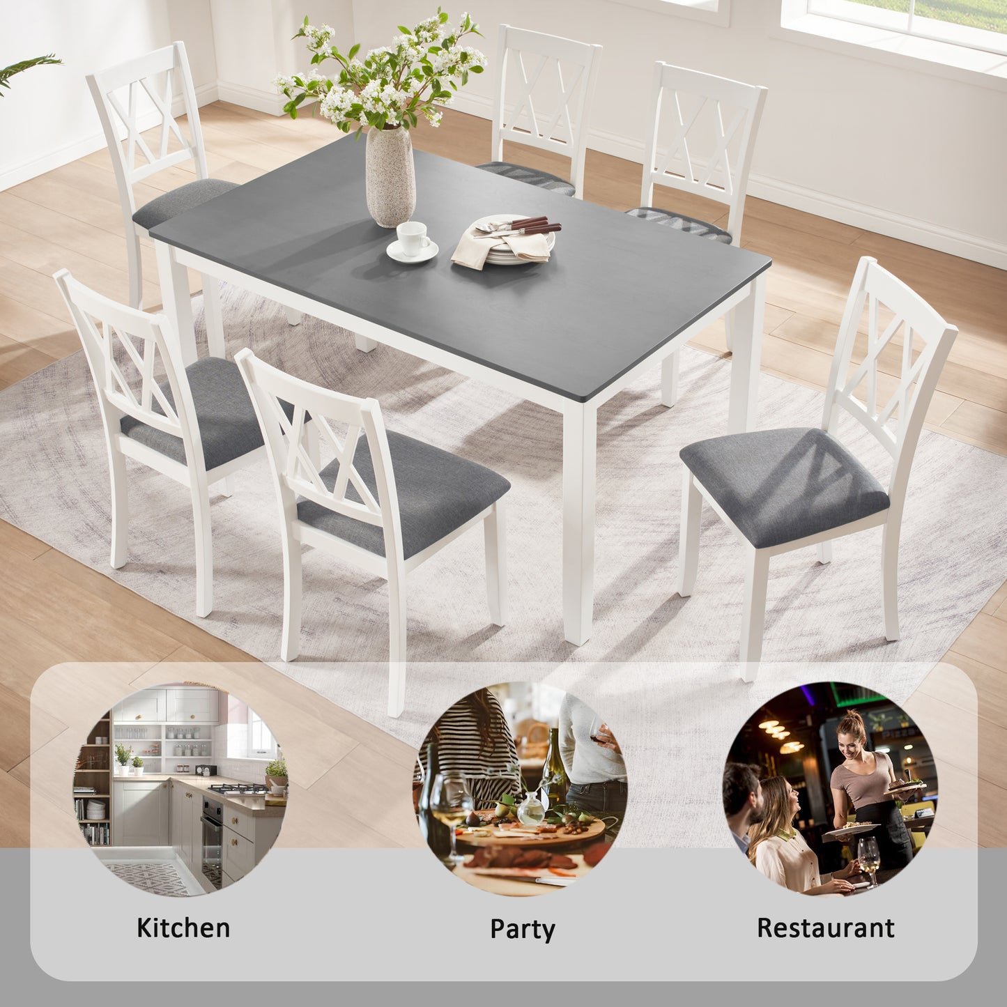 7-Piece Solid Wood Dining Set with 6 Upholstered Chairs - Grey & White