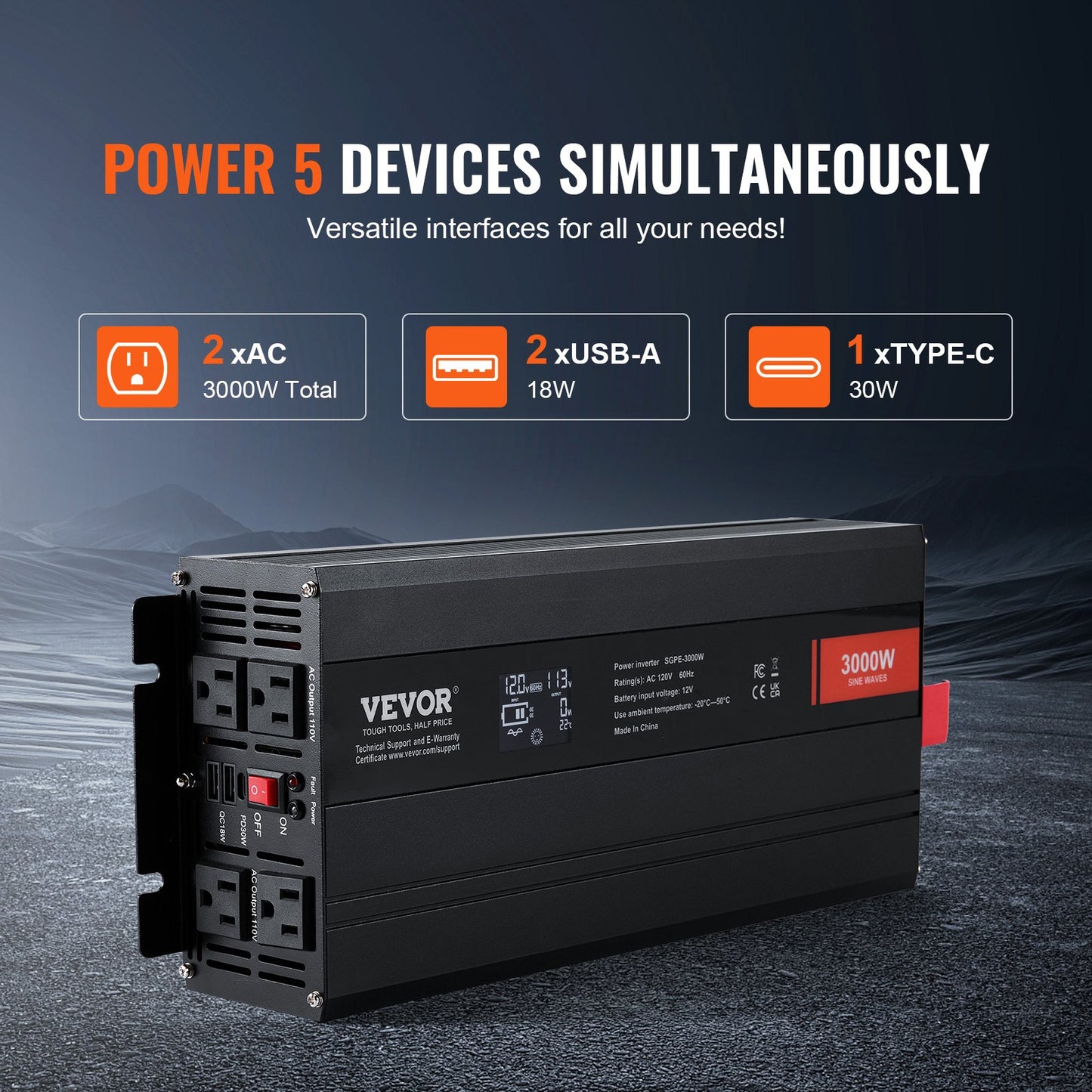 3000W Pure Sine Wave Power Inverter DC 12V to AC 120V with Dual Outlets and USB-C