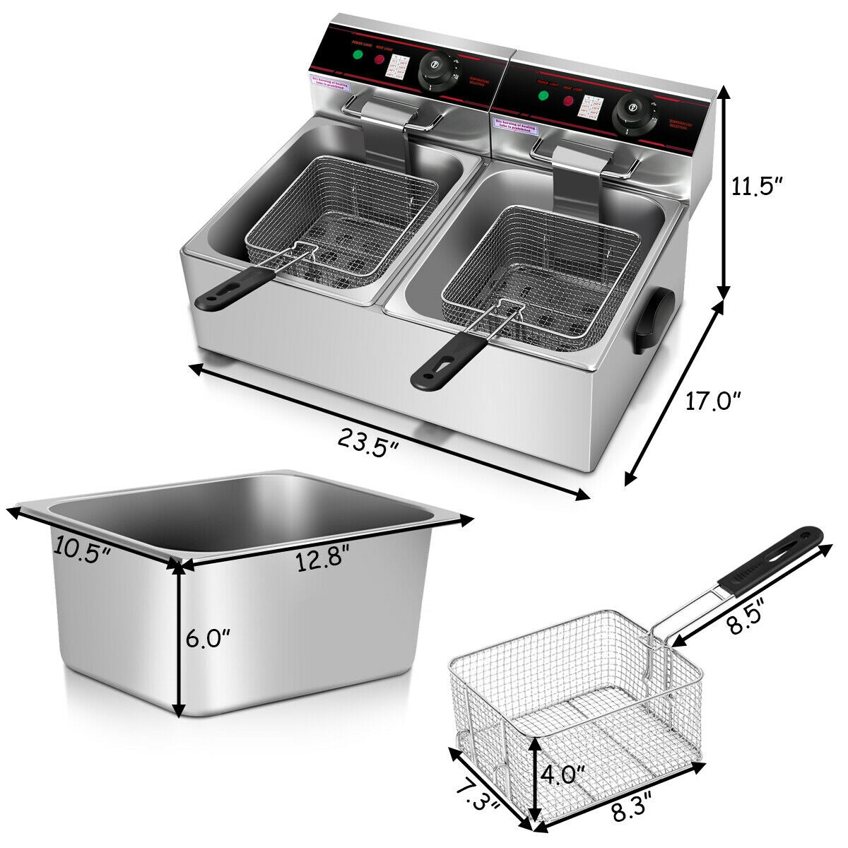 3400W Dual Tank Electric Deep Fryer - Stainless Steel