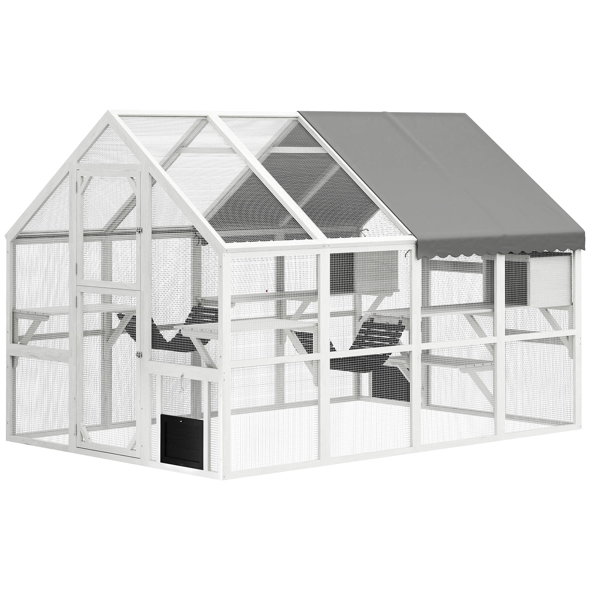 Outdoor Wooden Cat Enclosure with Waterproof Cover, 2 Condos & Platforms