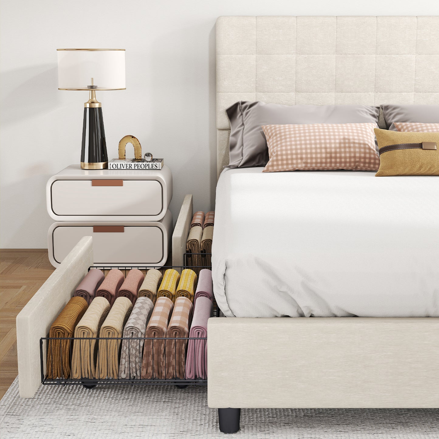 Bed Frame Upholstered Vertical Channel Headboard With 4 Storage