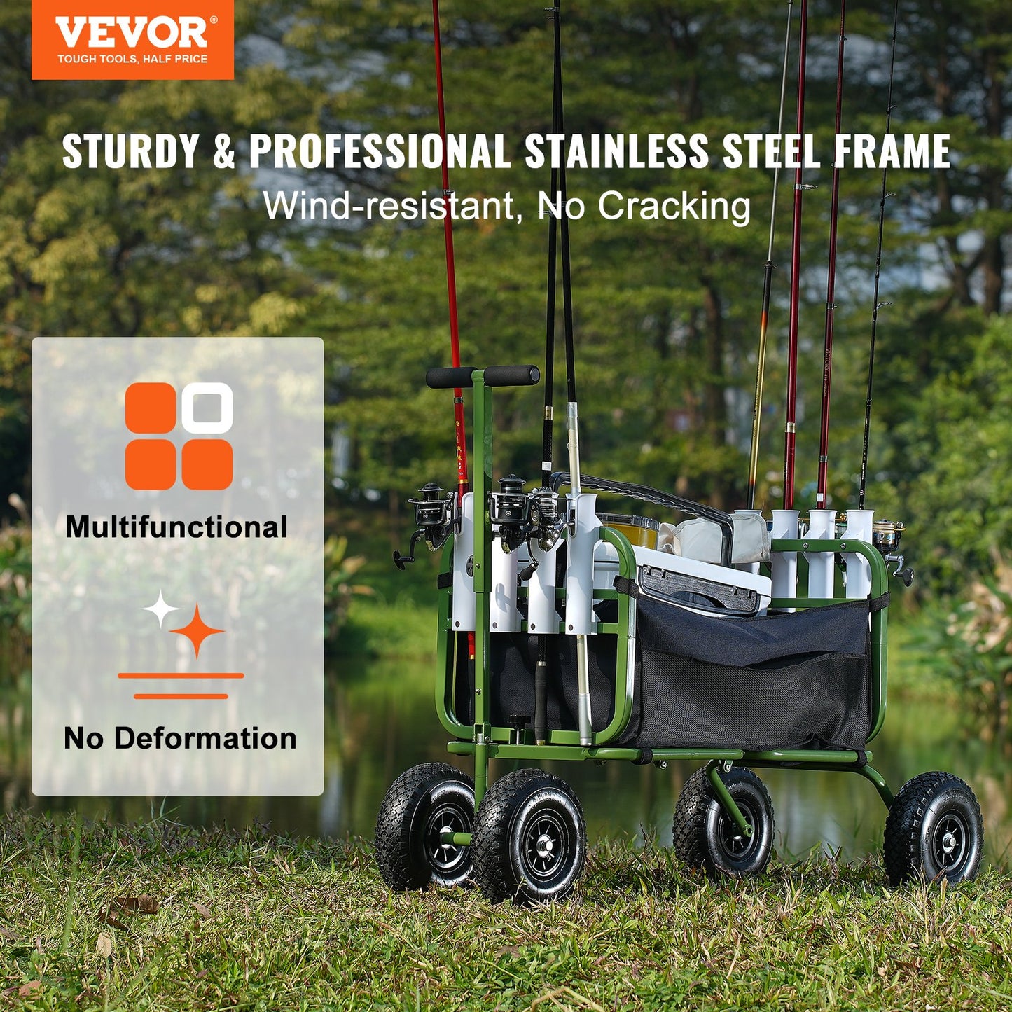 Heavy-Duty Foldable Beach Fishing Cart with 4 Large Rubber Wheels - 300 Lb Capacity