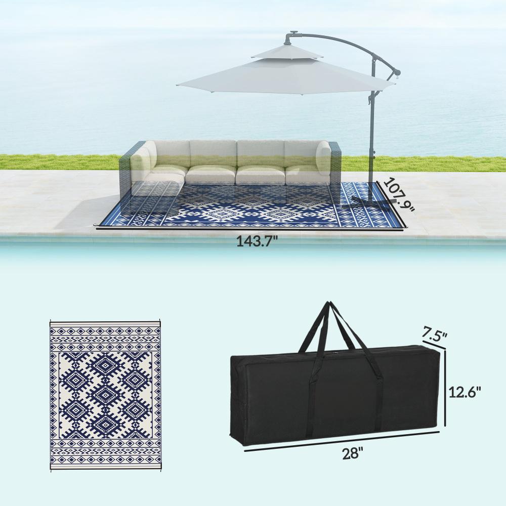Reversible Waterproof Outdoor Rug - Blue & White Rhombus, 9x12