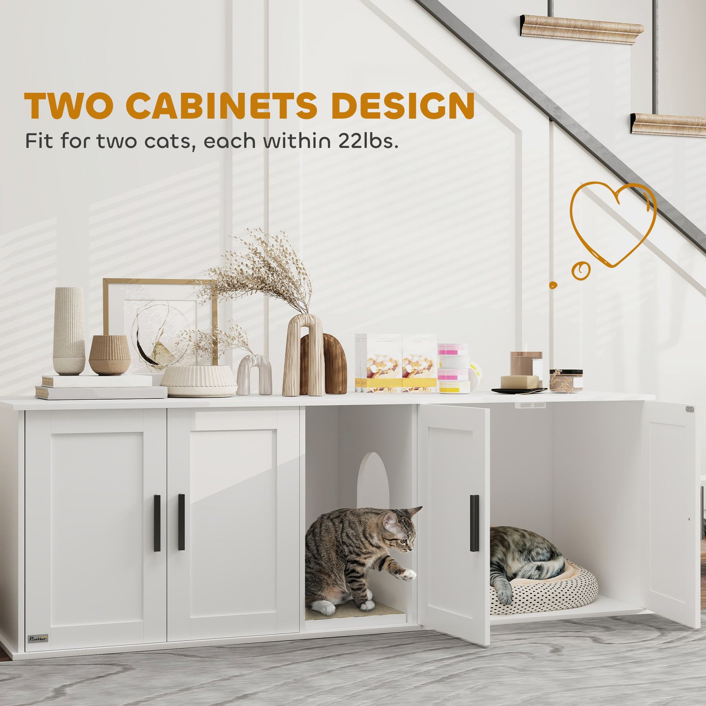 Cat Litter Box Enclosure for 2 Cats with Scratching Mat - White, 57 x 19 x 20 Inches
