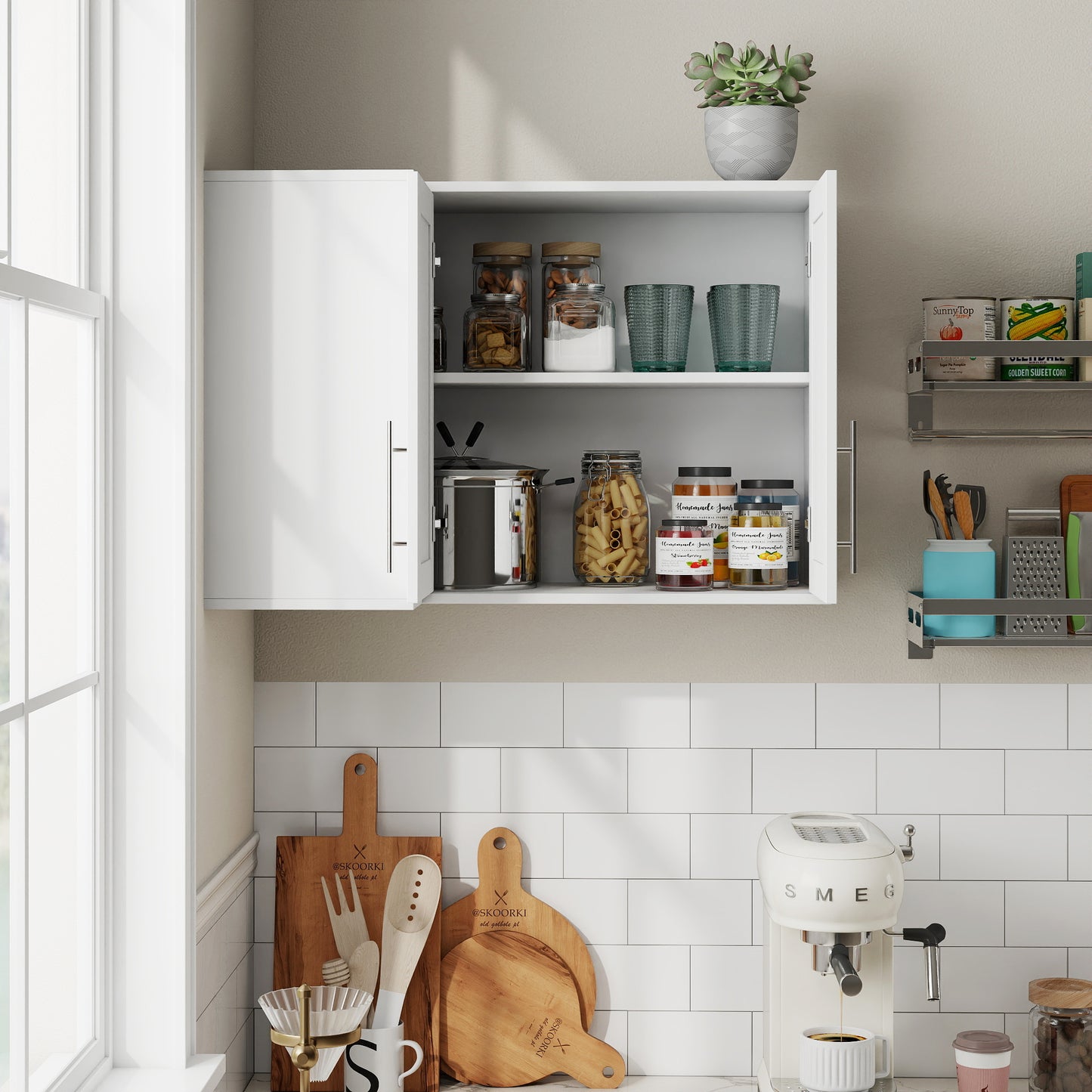 L Shape Wall Mounted Kitchen Sideboard Cabinet - White
