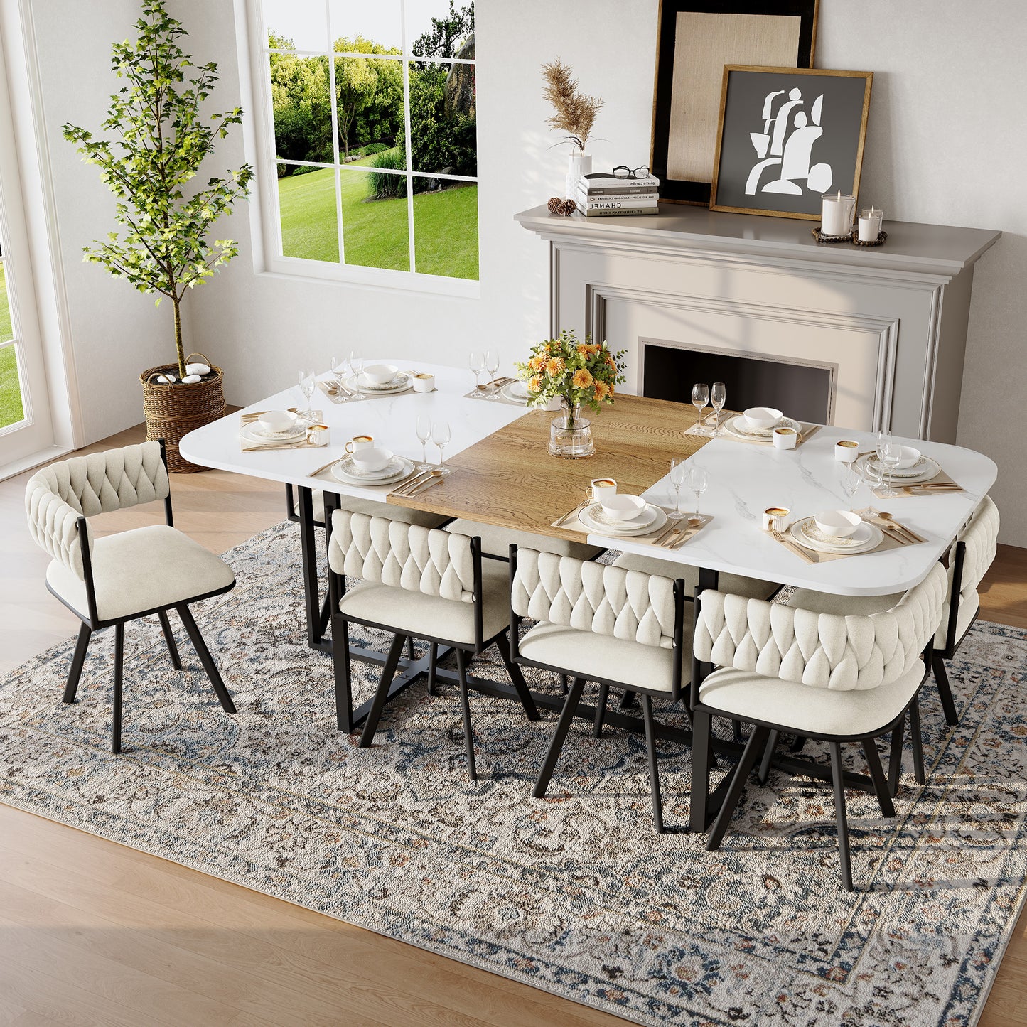 9-Piece Square Dining Table Set, Fixed White Faux Marble & Wood Grain