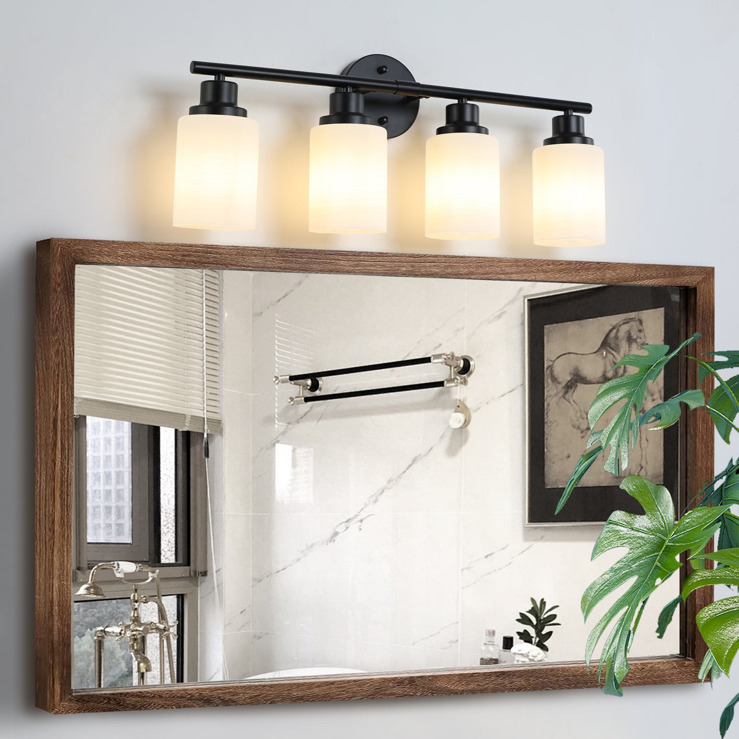 Modern 4-Light Bathroom Vanity Light - Frosted White Glass & Black Iron Frame
