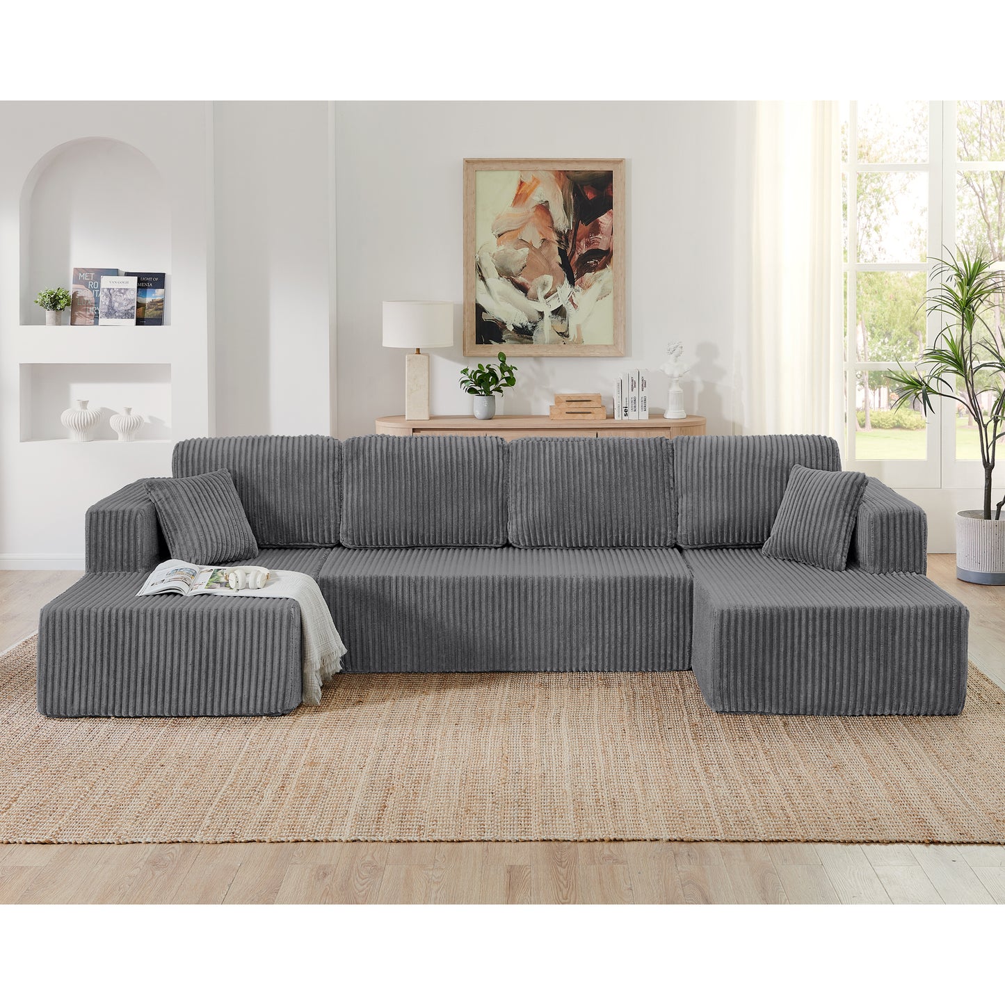 Modular U Shape Sectional Sofa - Compressed Corduroy Couch in Grey