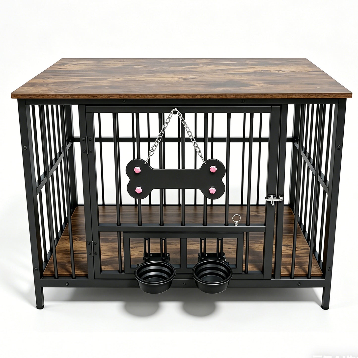 Wood Grain Dog Cage with Rotating Bowl and Silicone Safety Material - Pet Guardrails