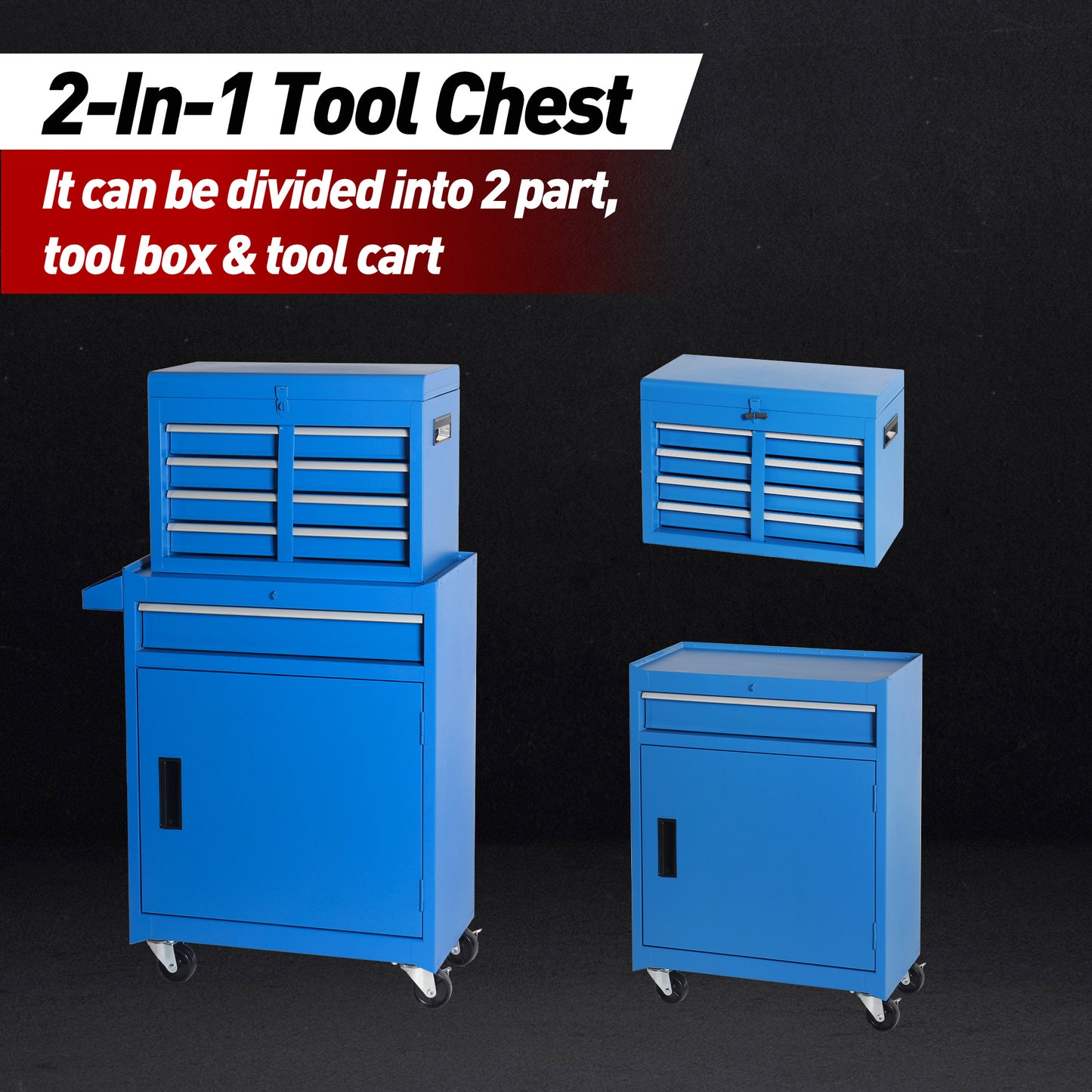 Rolling Tool Storage Cabinet with Lockable Wheels and Detachable Top - Blue