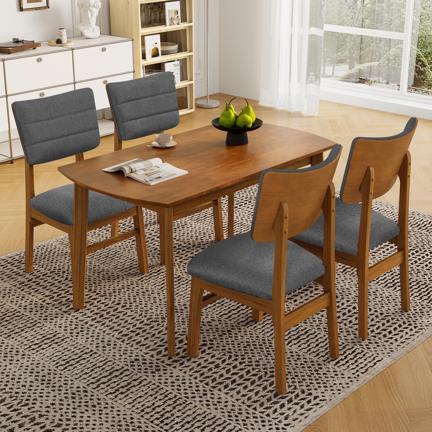 Farmhouse Dining Table Set for 4 with Upholstered Chairs - Brown & Gray