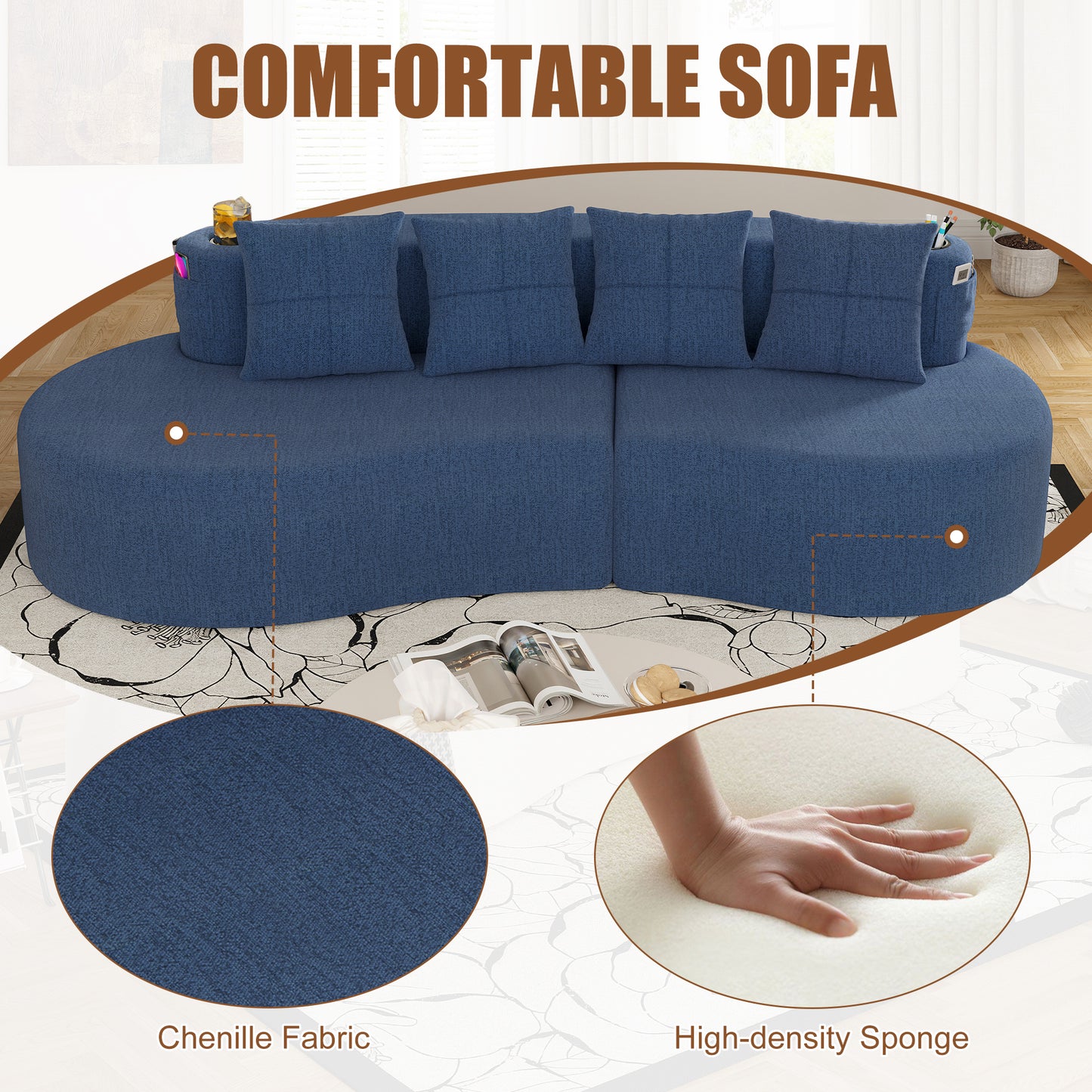 Modern Curved Sectional Sofa - 3 Seat Navy Half Moon Design