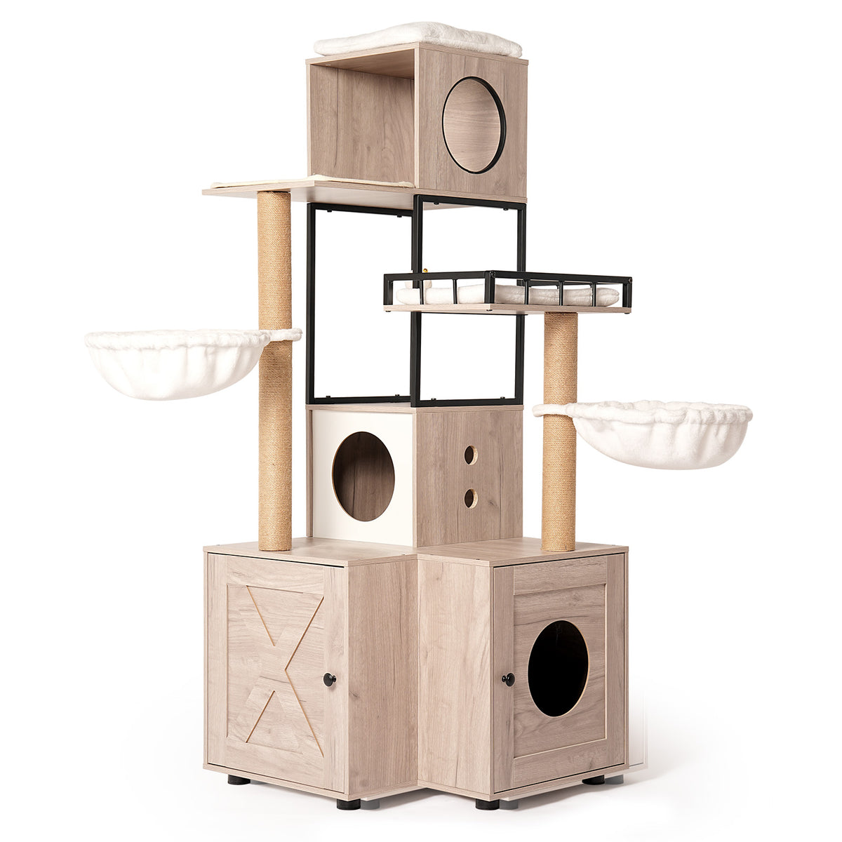 Multi-Functional Cat Tree with Litter Box, Scratching Posts & Washable Cushion - Rustic Gray