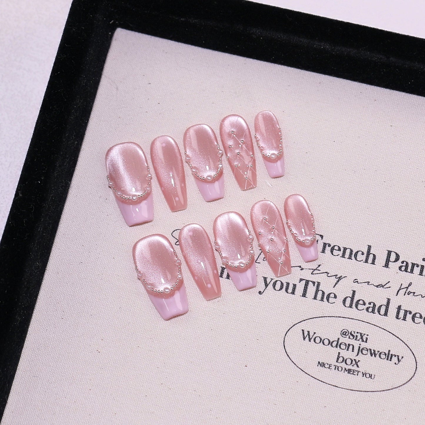 French Pearl Herringbone Cat Eye Nail Stickers - Detachable Nail Art Kit
