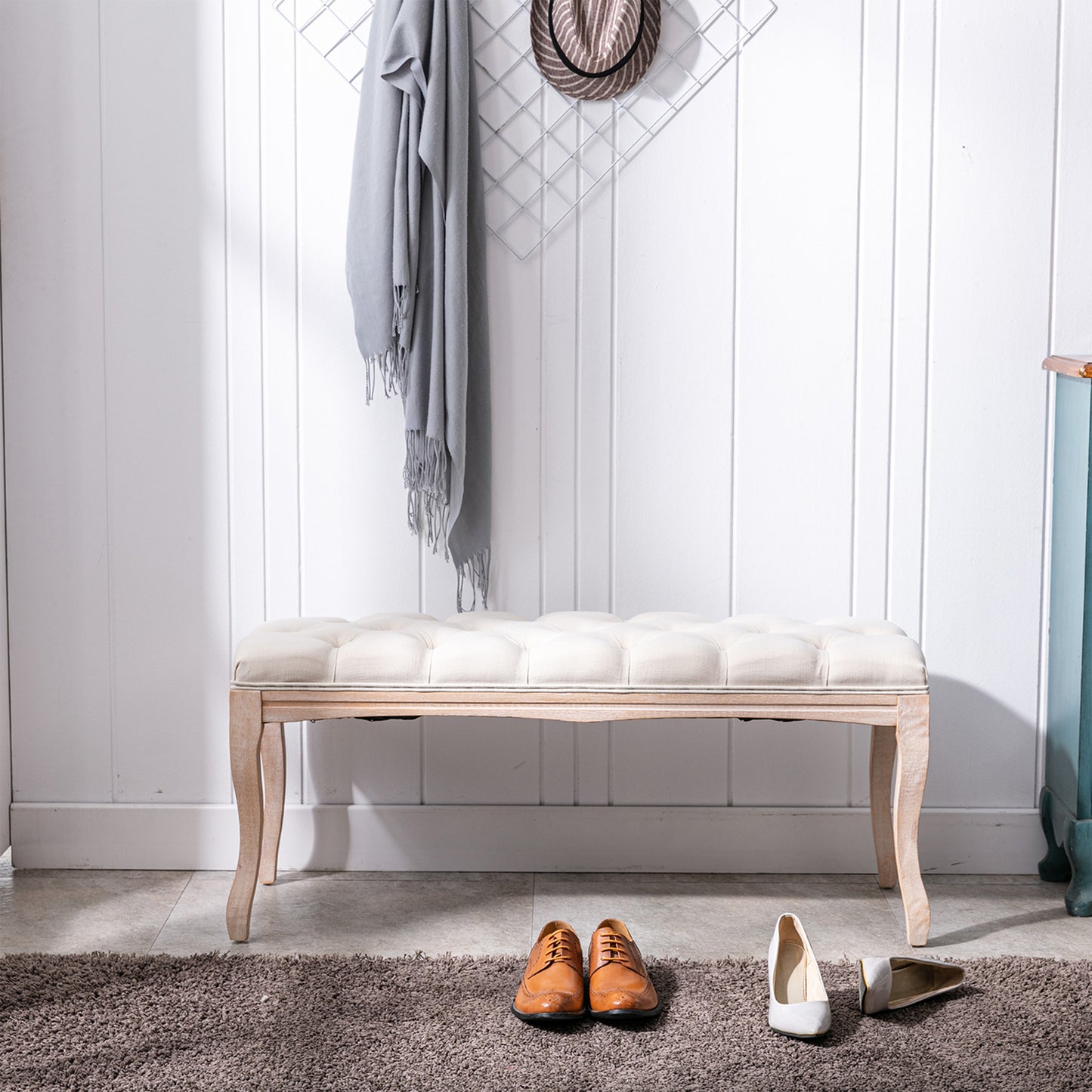 French Vintage Tufted Upholstered Bedroom Bench - Beige